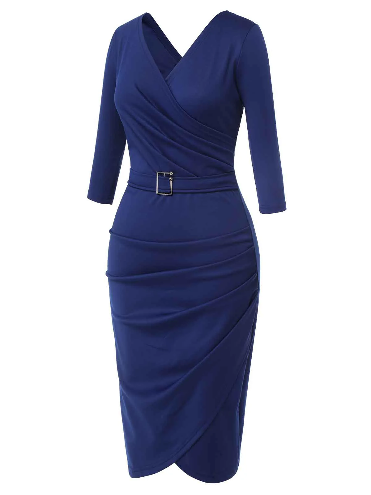 Blue 1940s Solid V-Neck Dress with Belt - Image 3