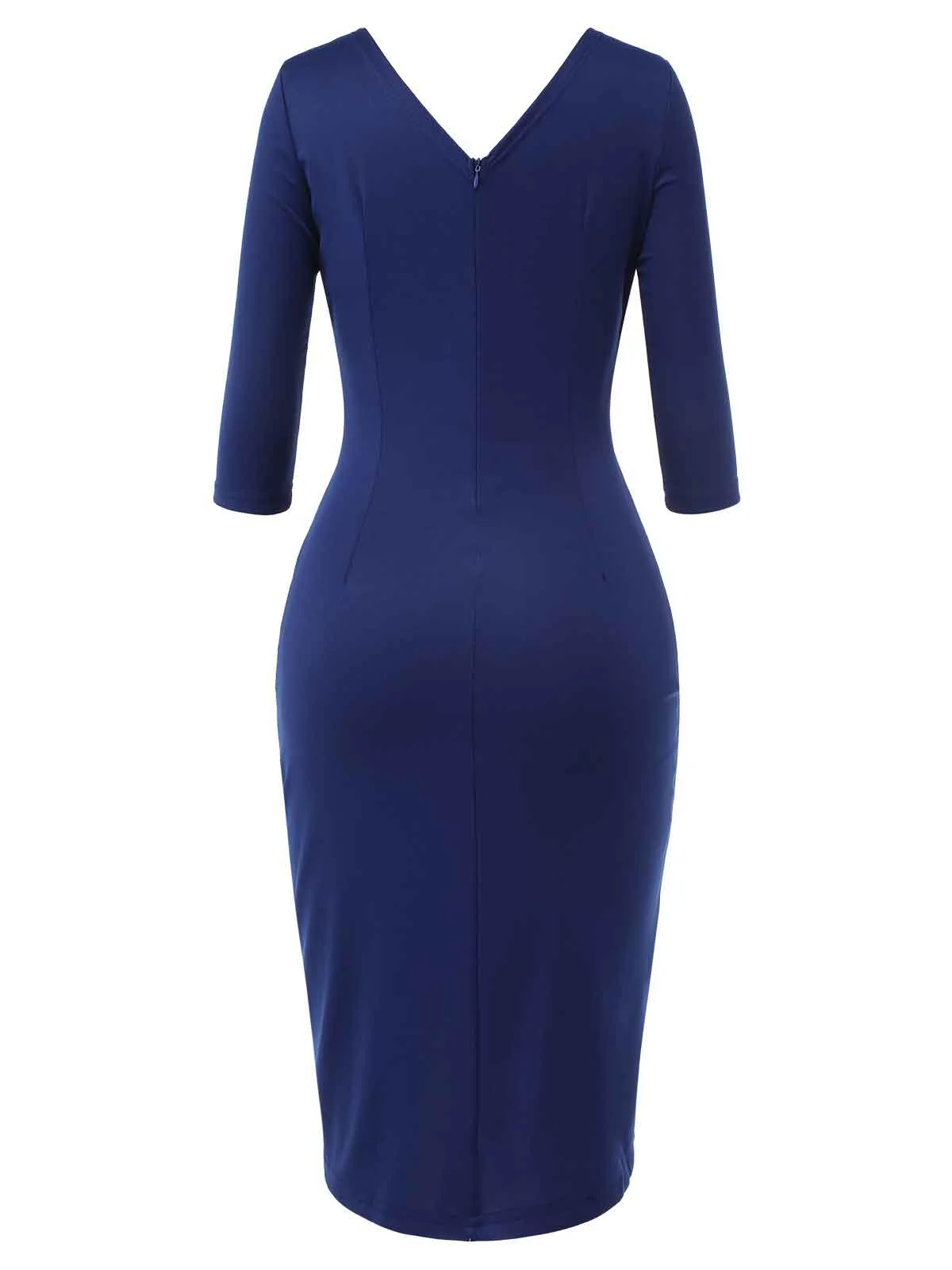 Blue 1940s Solid V-Neck Dress with Belt - Image 4