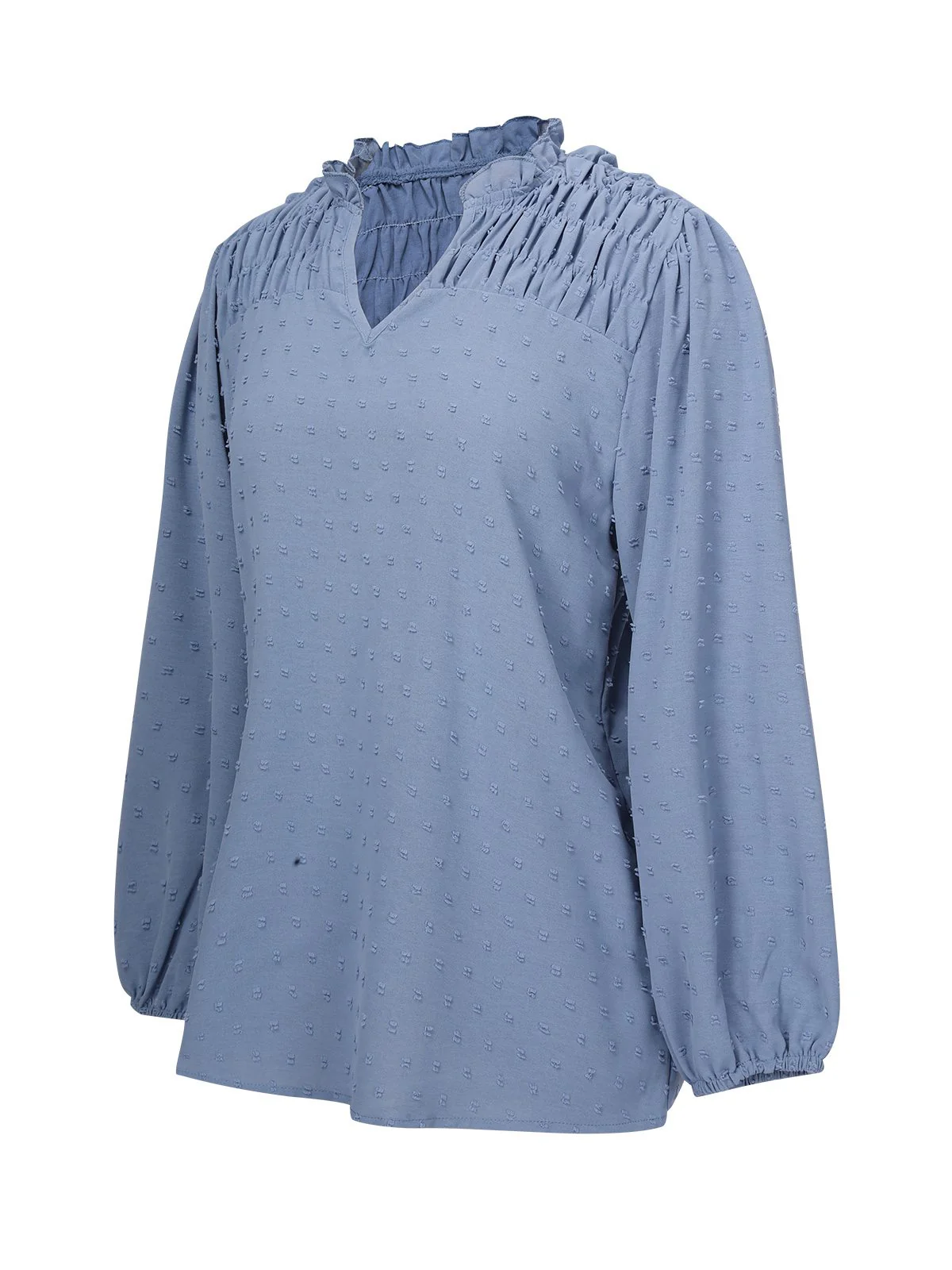 Blue 1940s Solid V-Neck Swiss Dot Blouse - Image 2