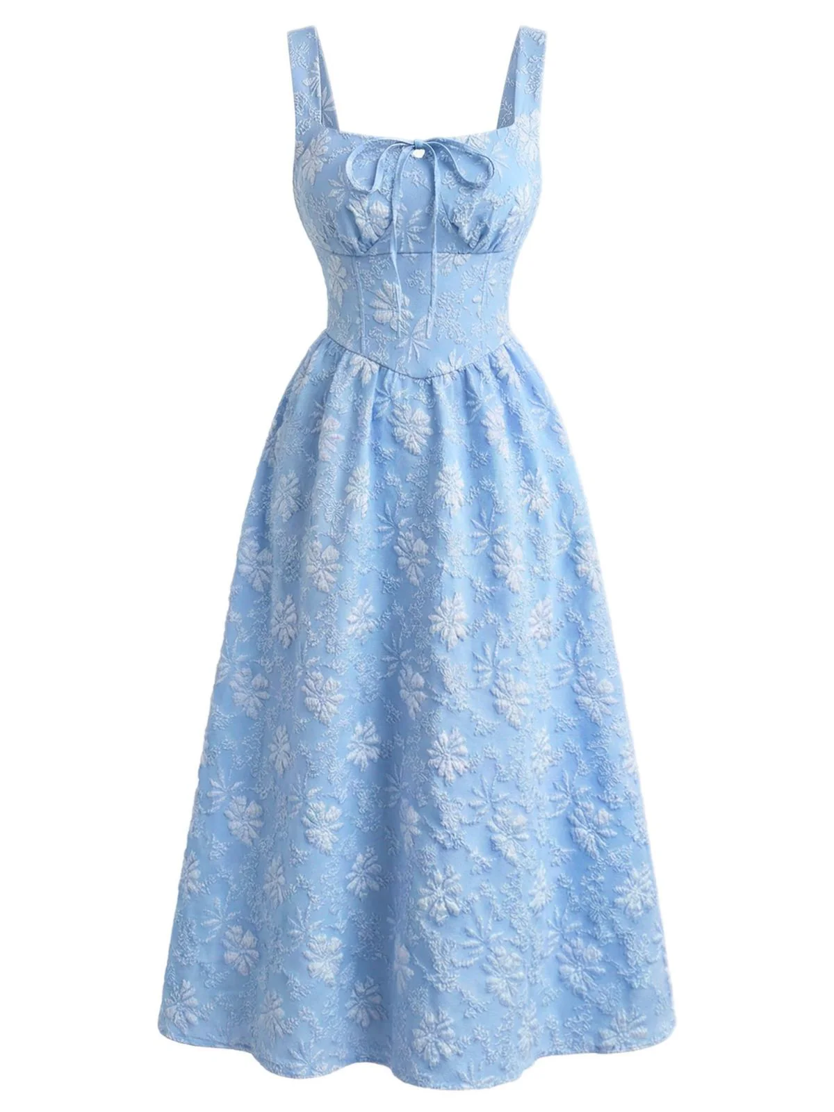 Blue 1940s Square Neck Empire Waist Jacquard Smocked Dress - Image 4