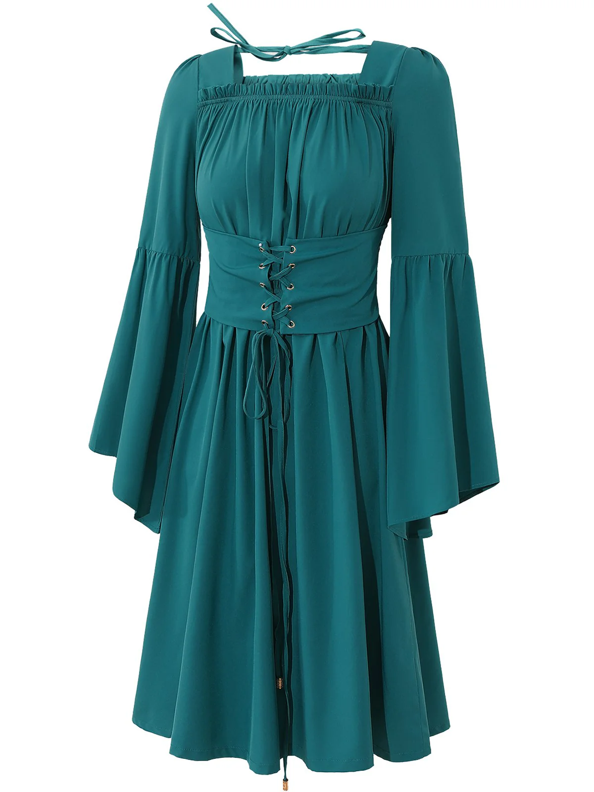 Blue 1940s Square Neck Lace-Up Ruched Dress - Image 2