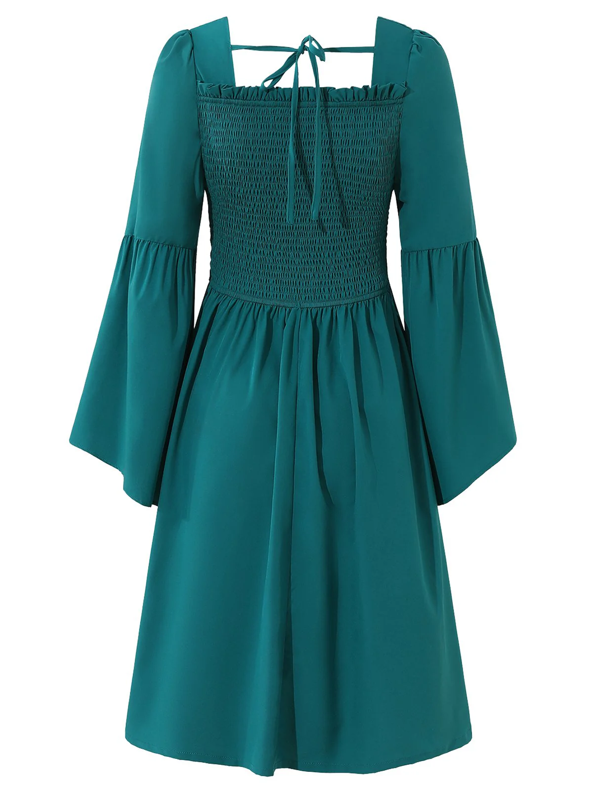 Blue 1940s Square Neck Lace-Up Ruched Dress - Image 3