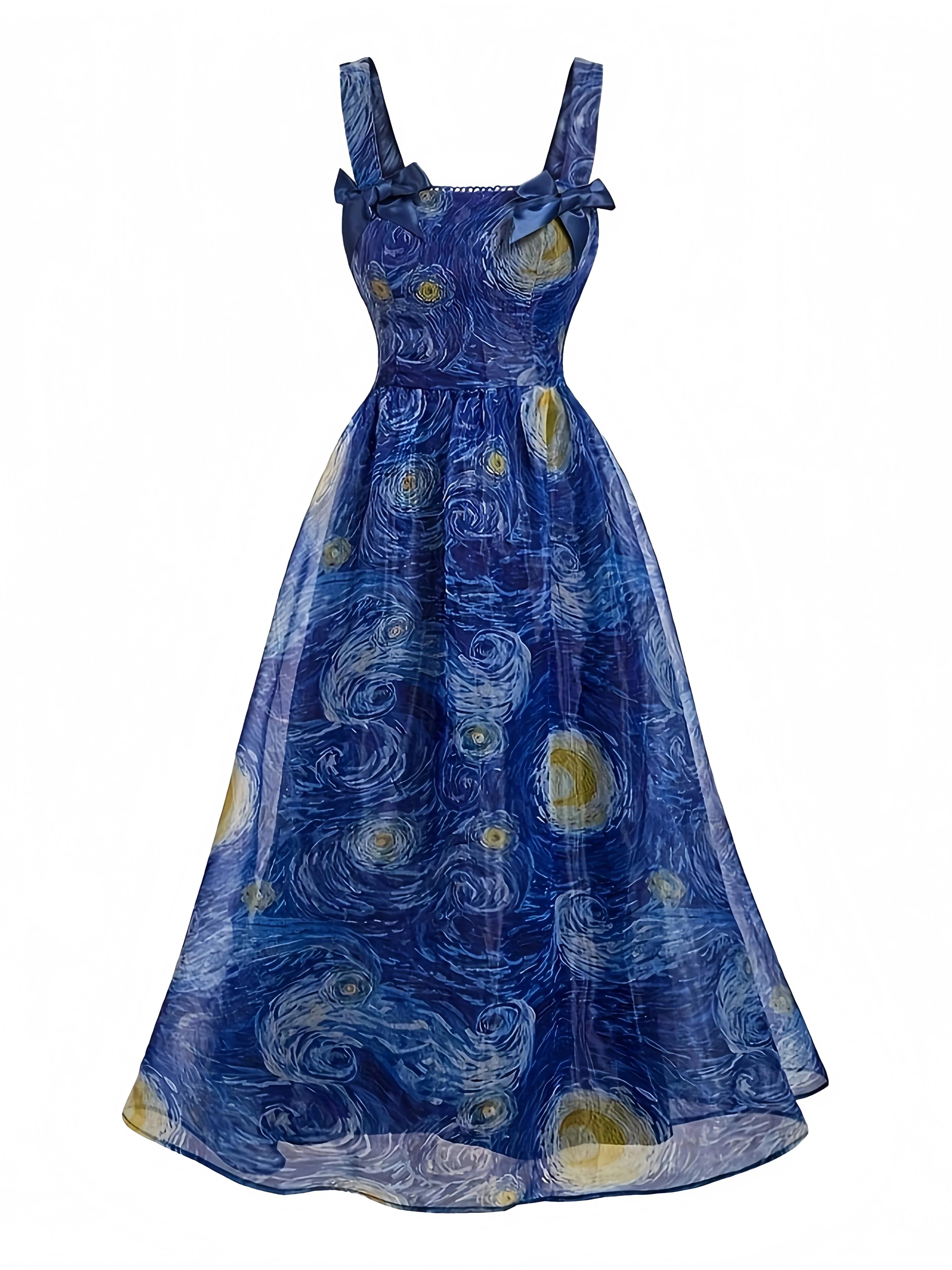 Blue 1940s Square Neck Starry Night Bow Swing Dress - Image 2