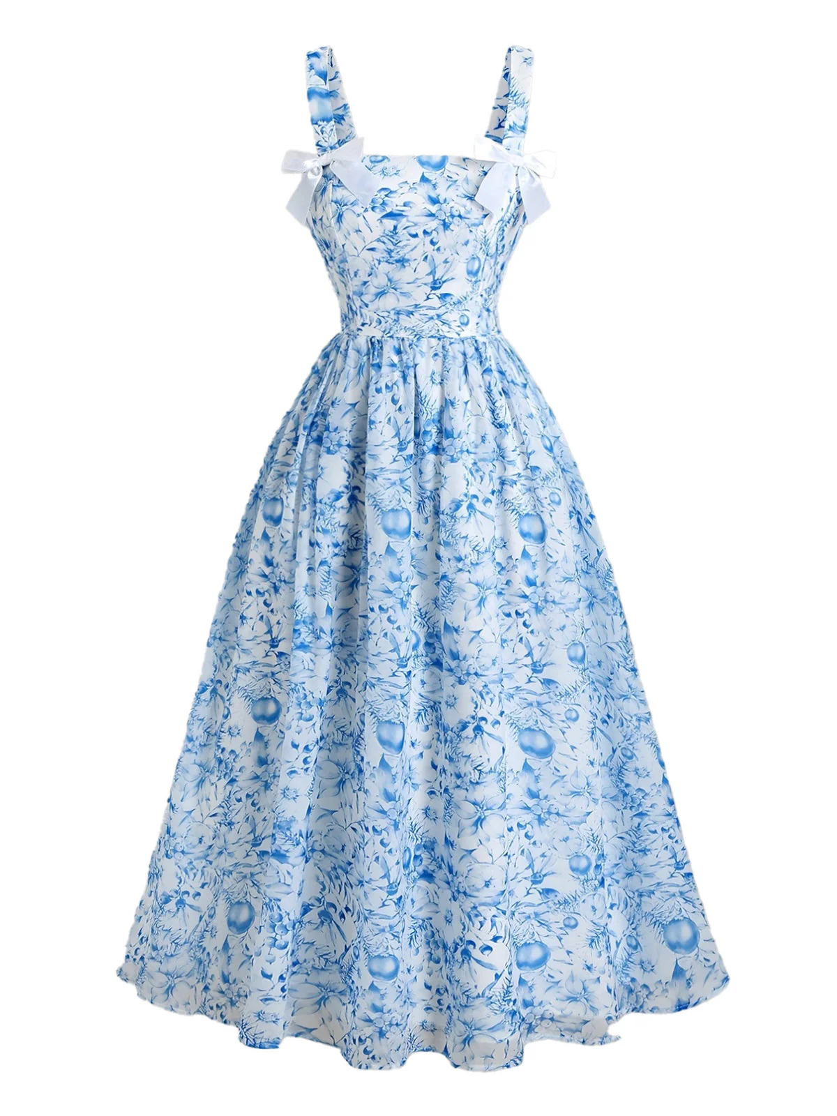 Blue 1940s Square Neck Starry Night Bow Swing Dress - Image 4