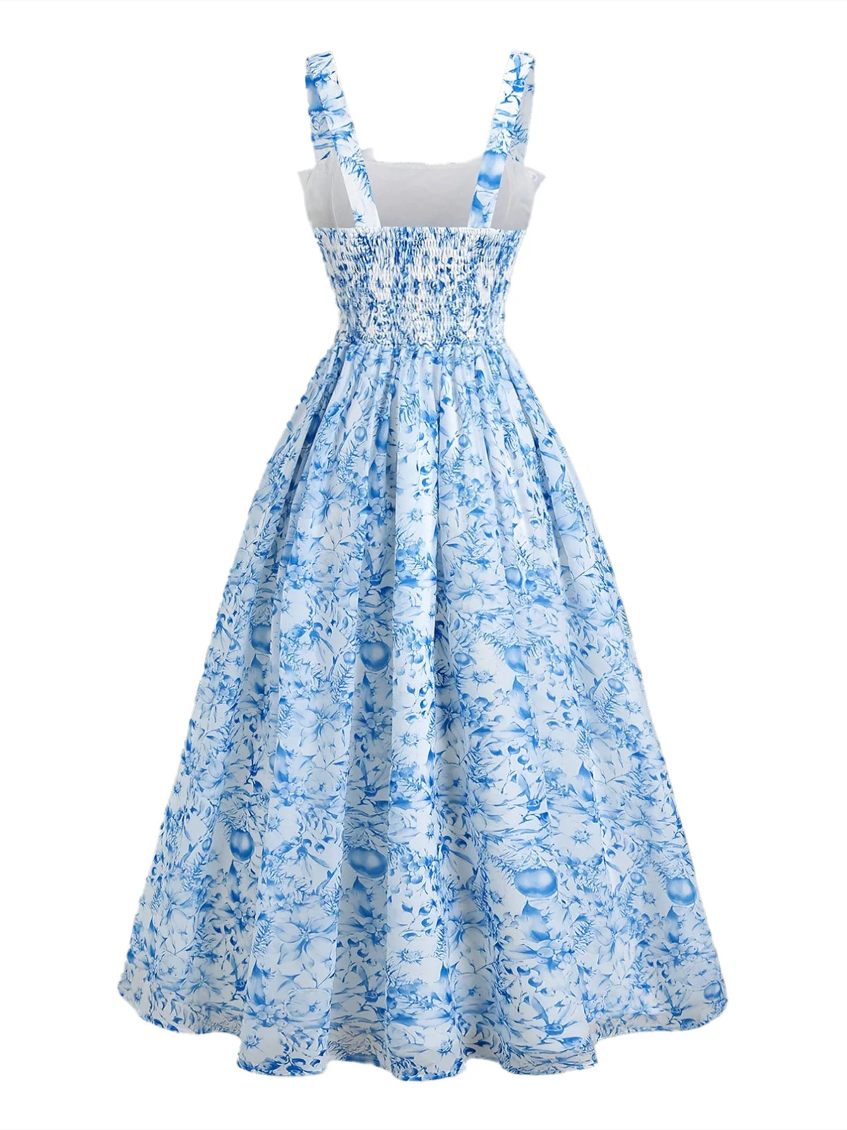 Blue 1940s Square Neck Starry Night Bow Swing Dress - Image 5