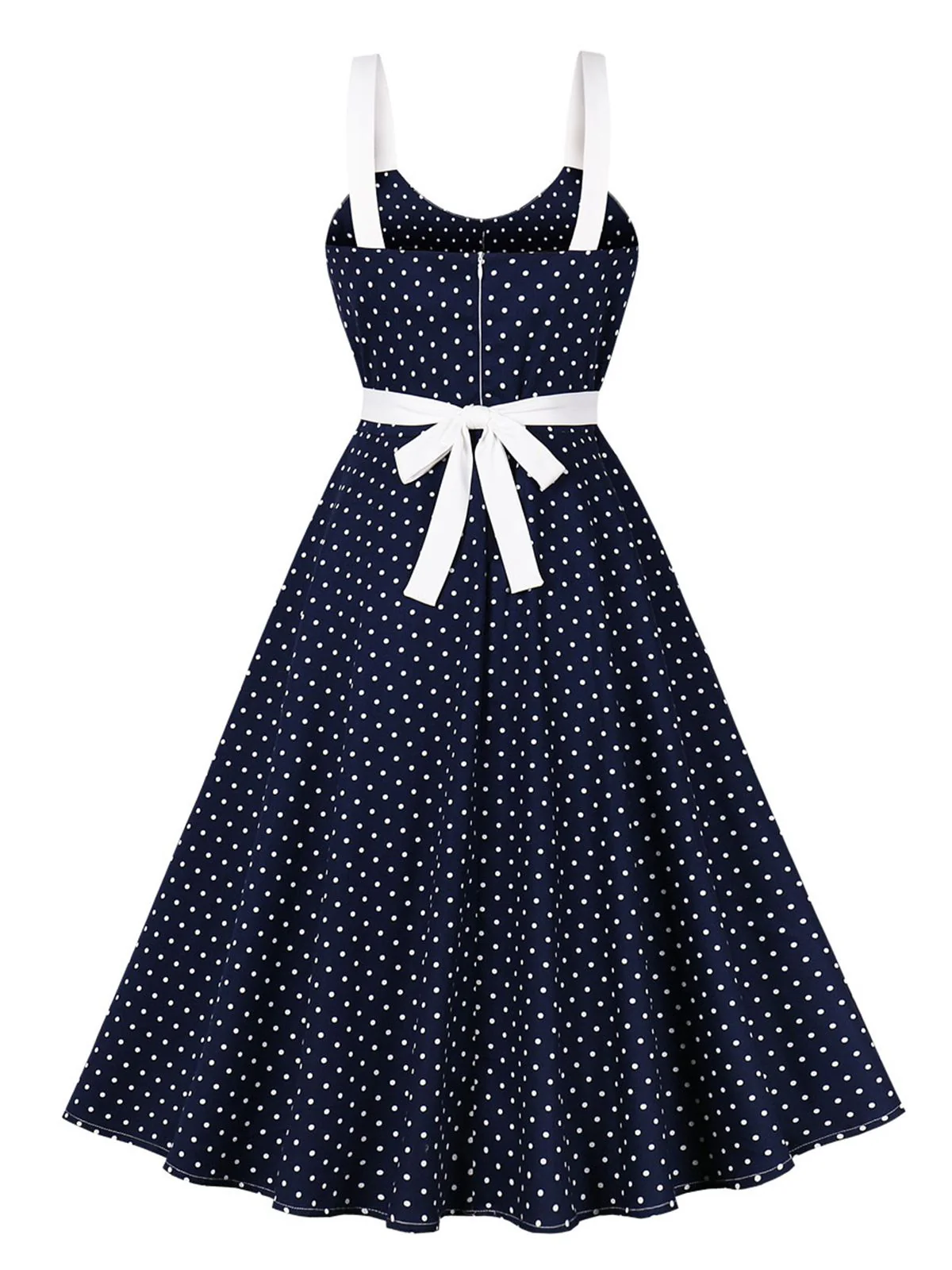 Blue 1940s Strap Polka Dot Bow Belted Dress - Image 2