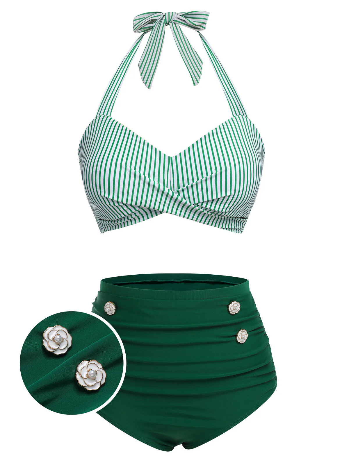 Blue 1940s Striped Halter Swimsuit Set - Image 4