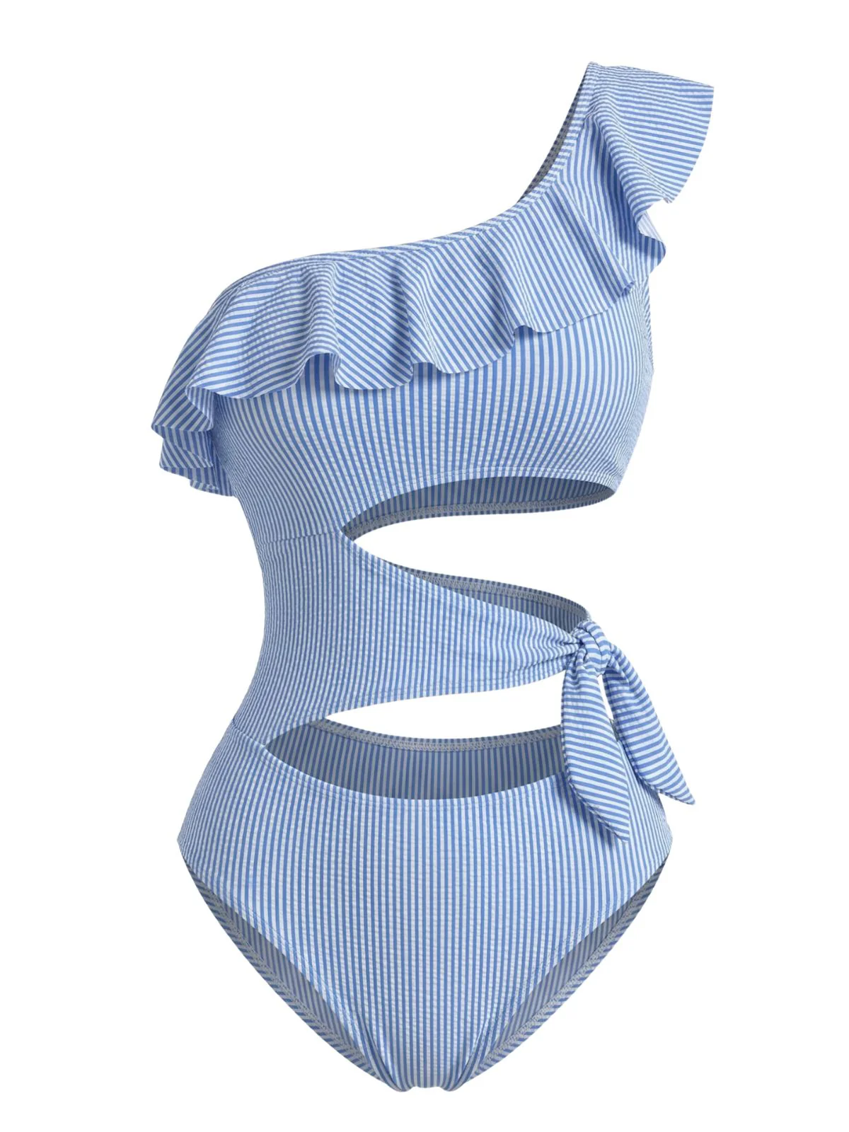 Blue 1940s Striped One-Shoulder Cutout One-Piece Swimsuit - Image 3