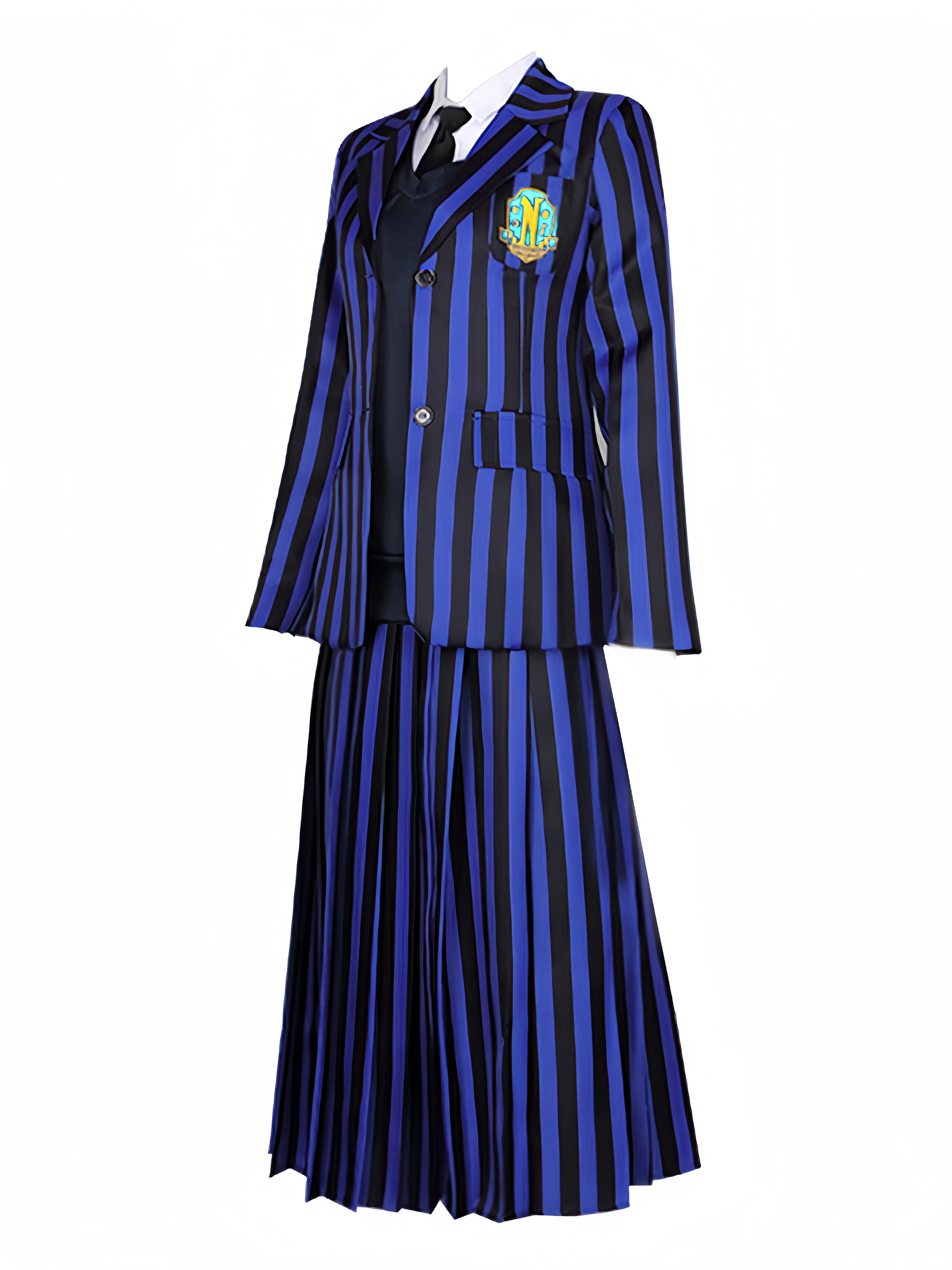Blue 1940s Striped Wednesday Addams Uniform Set - Image 2