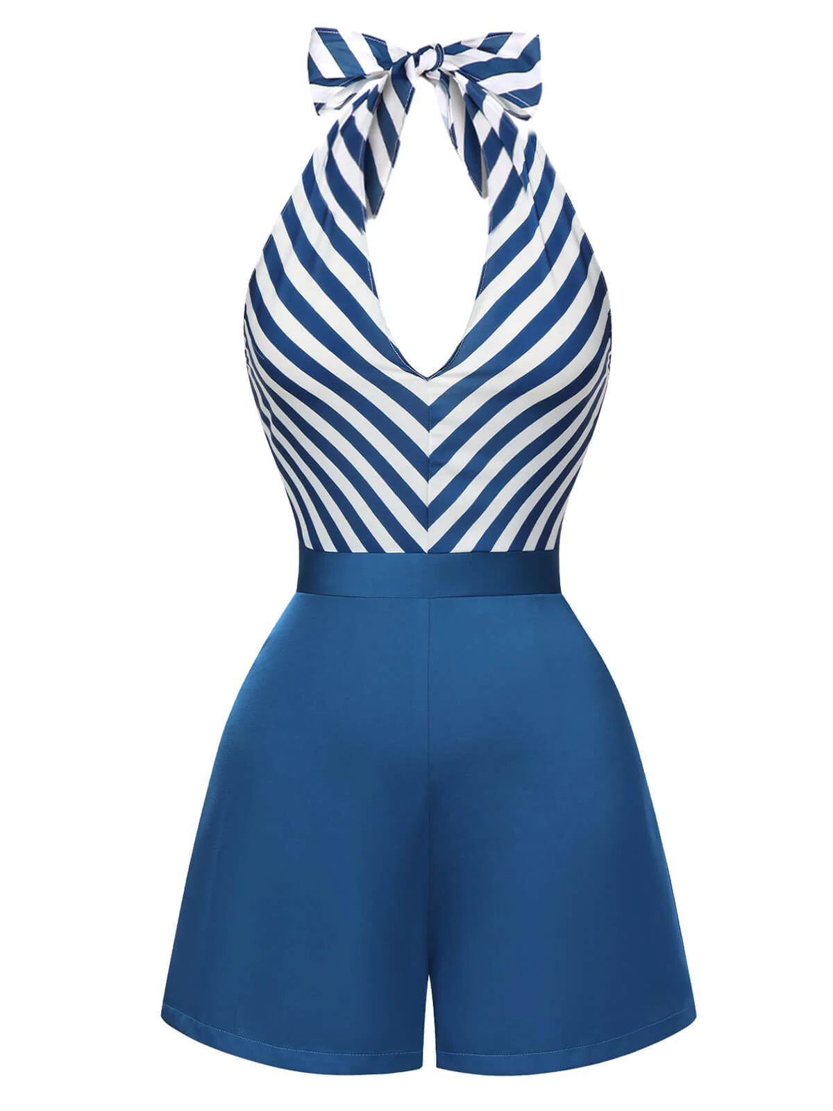 Blue 1940s Symmetrical Stripe V-Neck Halter Romper - Image 2