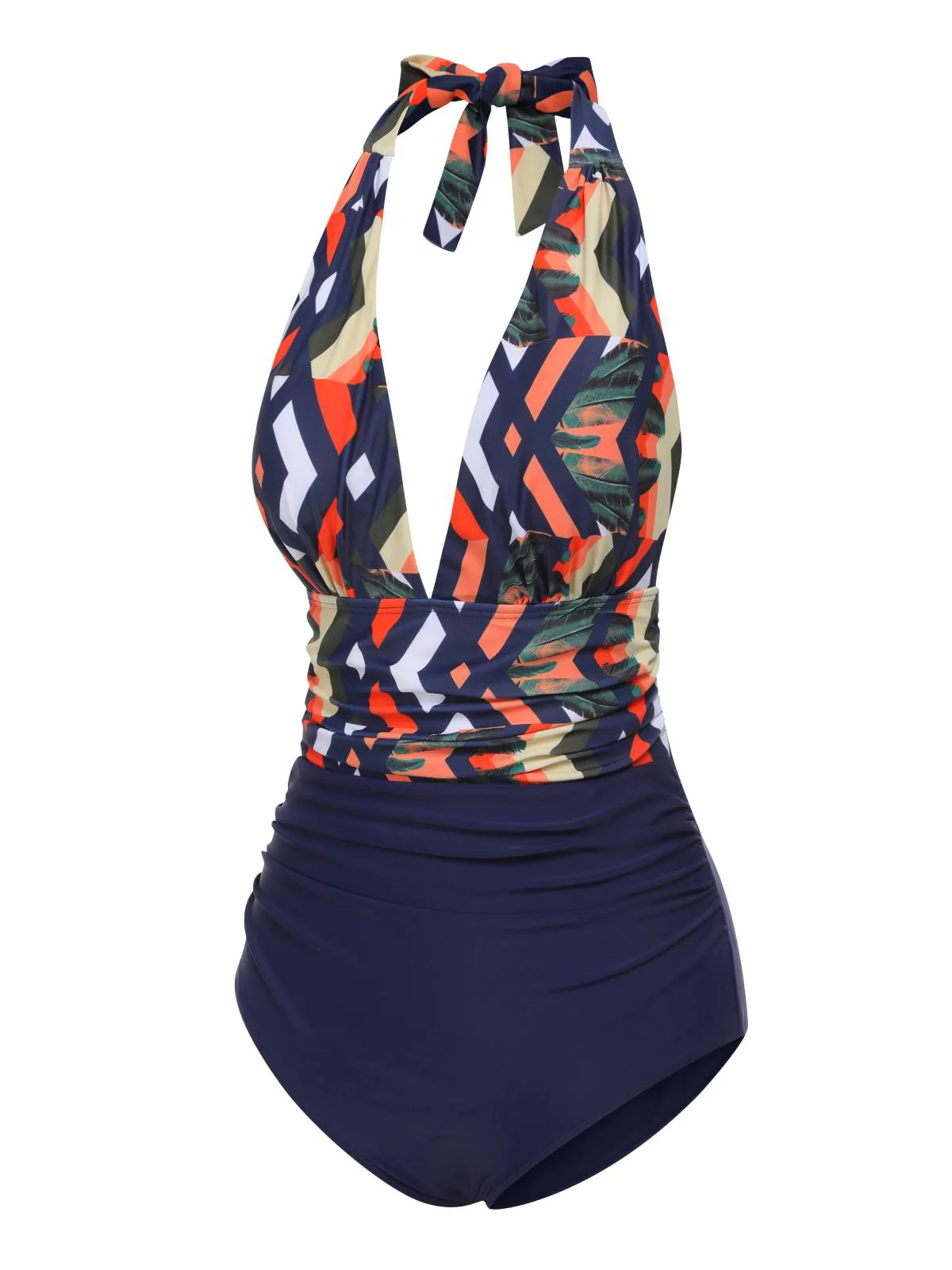 Blue 1940s Tropical Deep-V Halter Swimsuit - Image 2