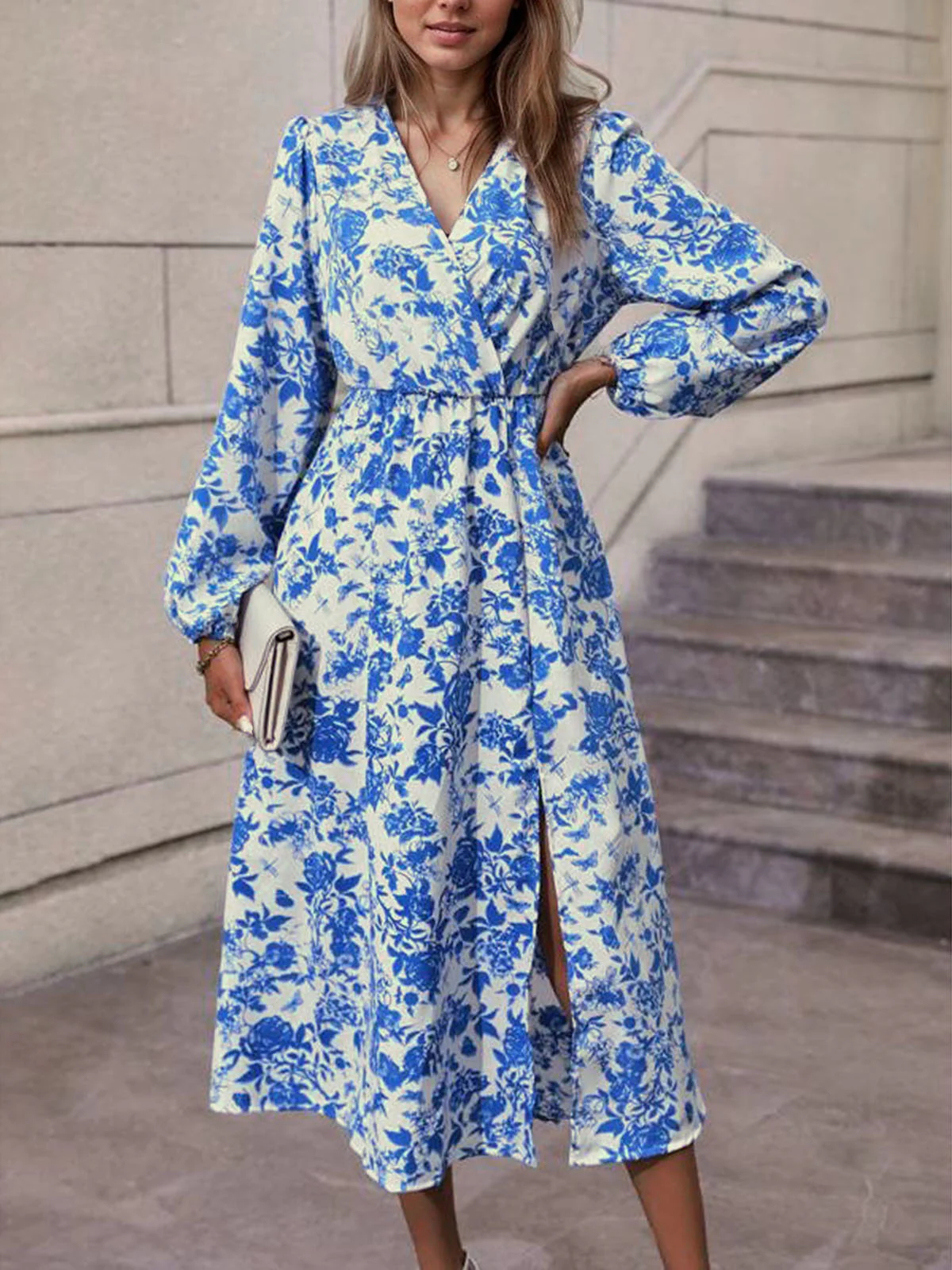 Blue 1940s V-Neck Floral Long Sleeve Dress - Image 2