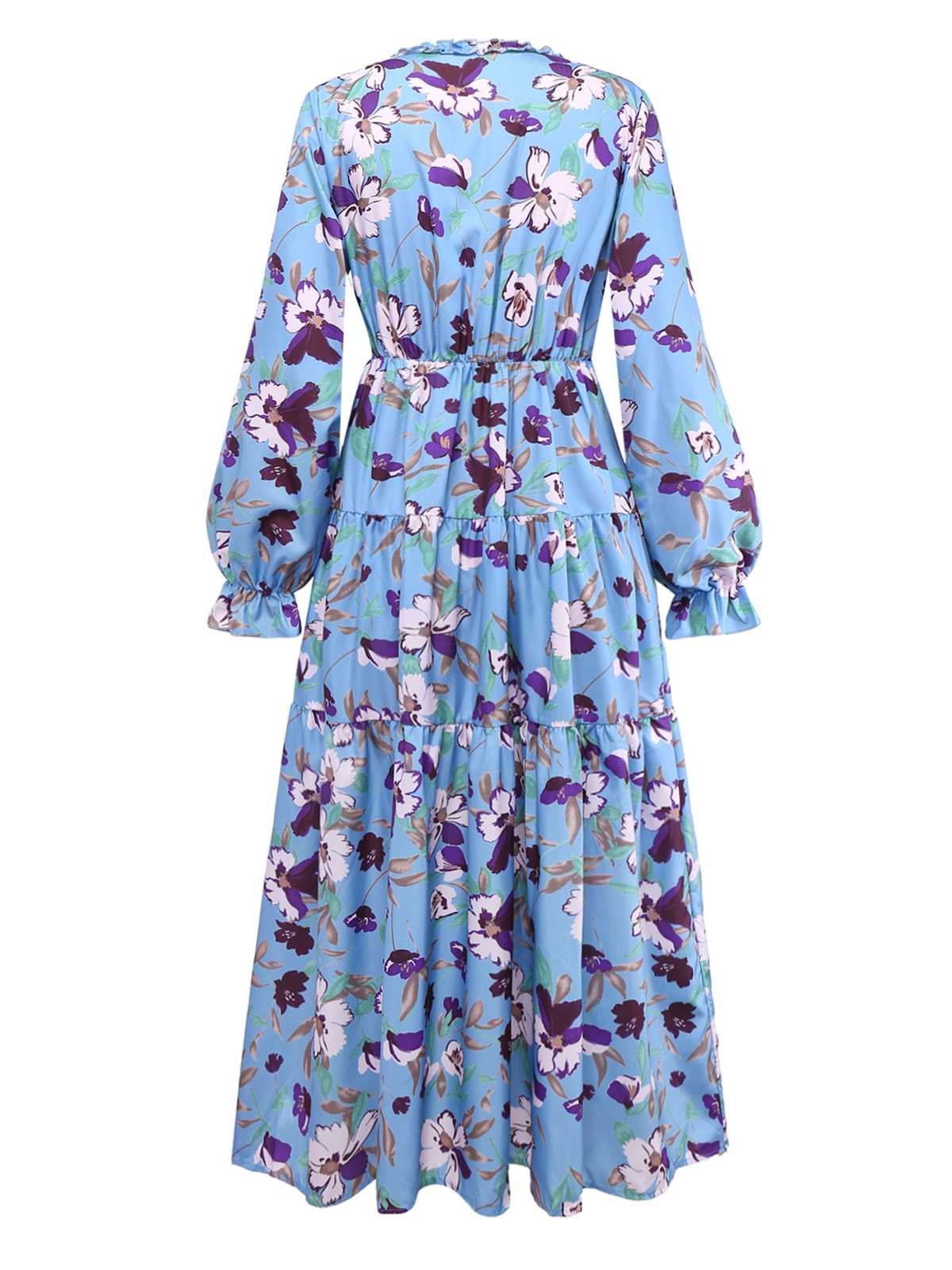Blue 1940s V-Neck Floral Puff Sleeve Dress - Image 2