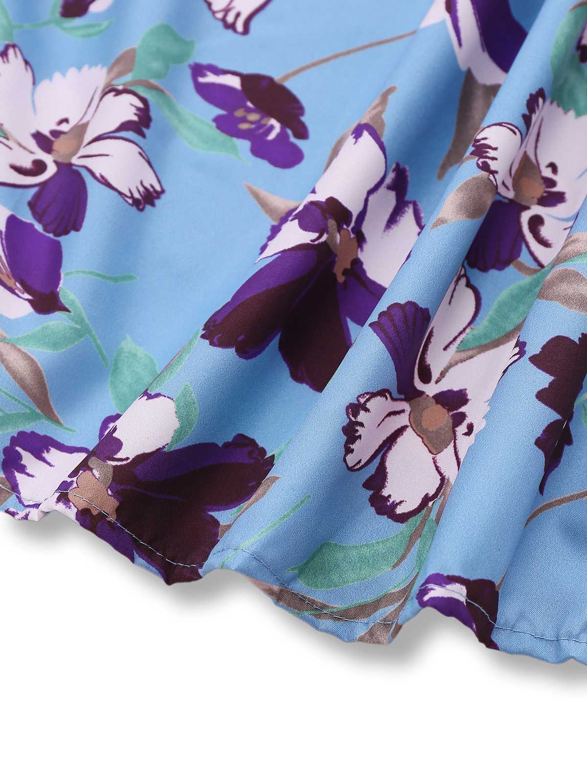 Blue 1940s V-Neck Floral Puff Sleeve Dress - Image 4