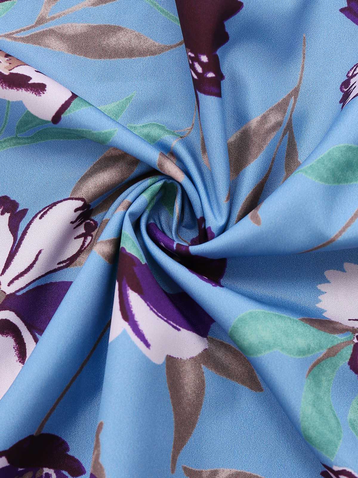 Blue 1940s V-Neck Floral Puff Sleeve Dress - Image 5