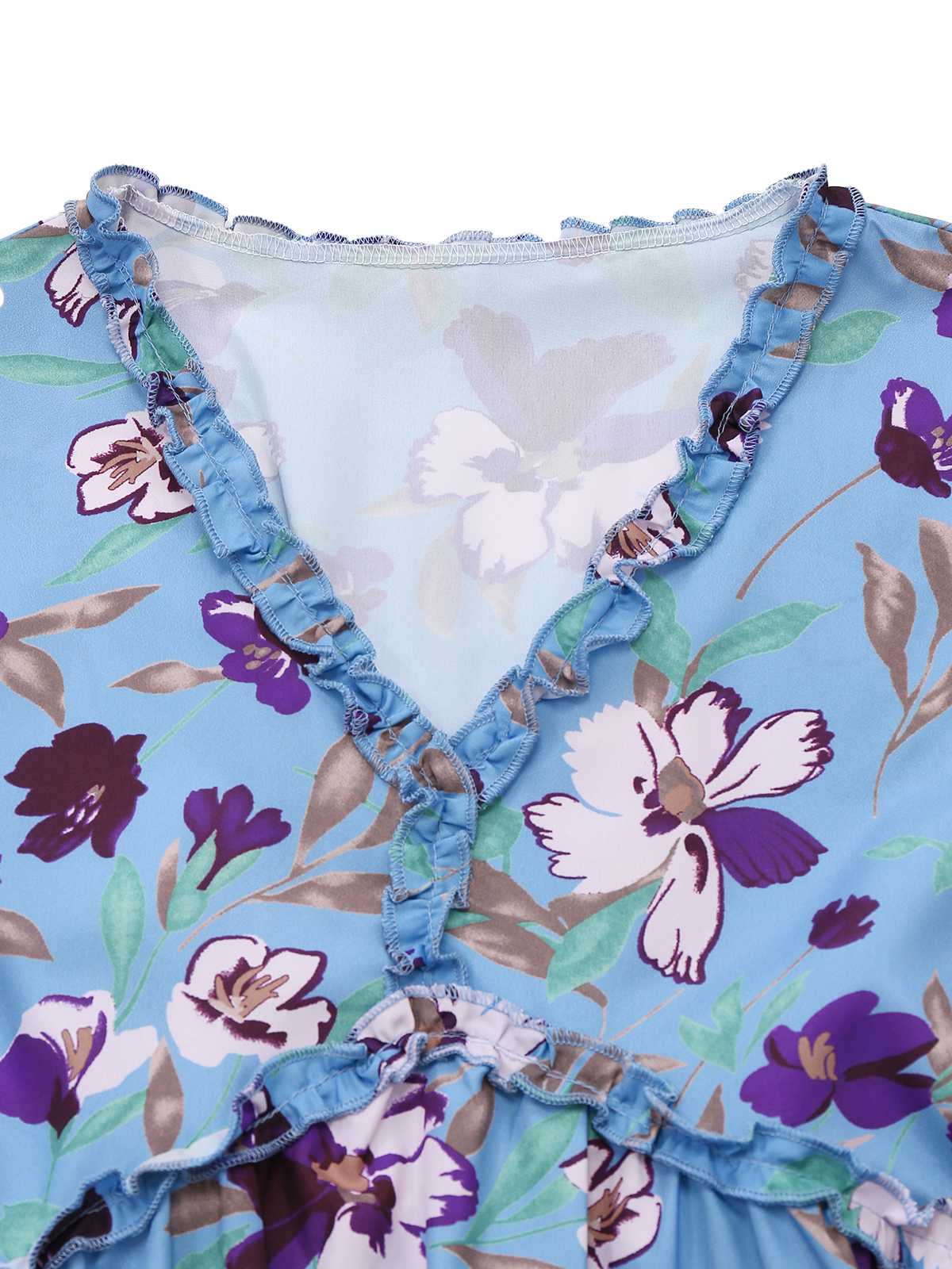 Blue 1940s V-Neck Floral Puff Sleeve Dress - Image 6