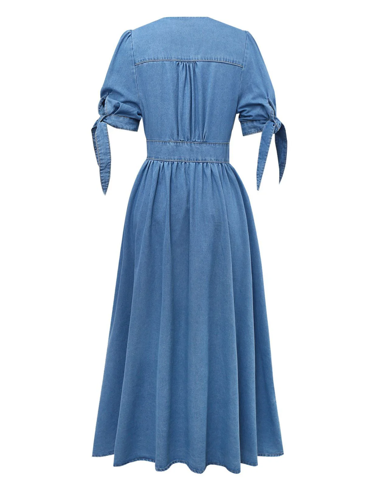 Blue 1940s V-Neck Knot Cuff Denim Dress - Image 2
