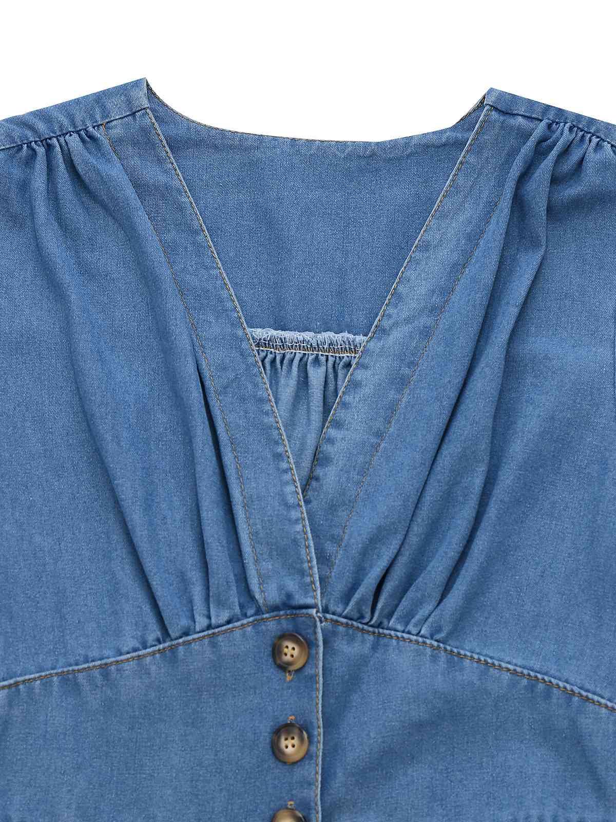 Blue 1940s V-Neck Knot Cuff Denim Dress - Image 3