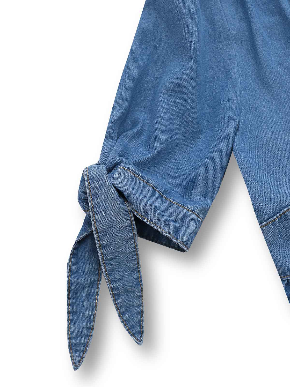 Blue 1940s V-Neck Knot Cuff Denim Dress - Image 4