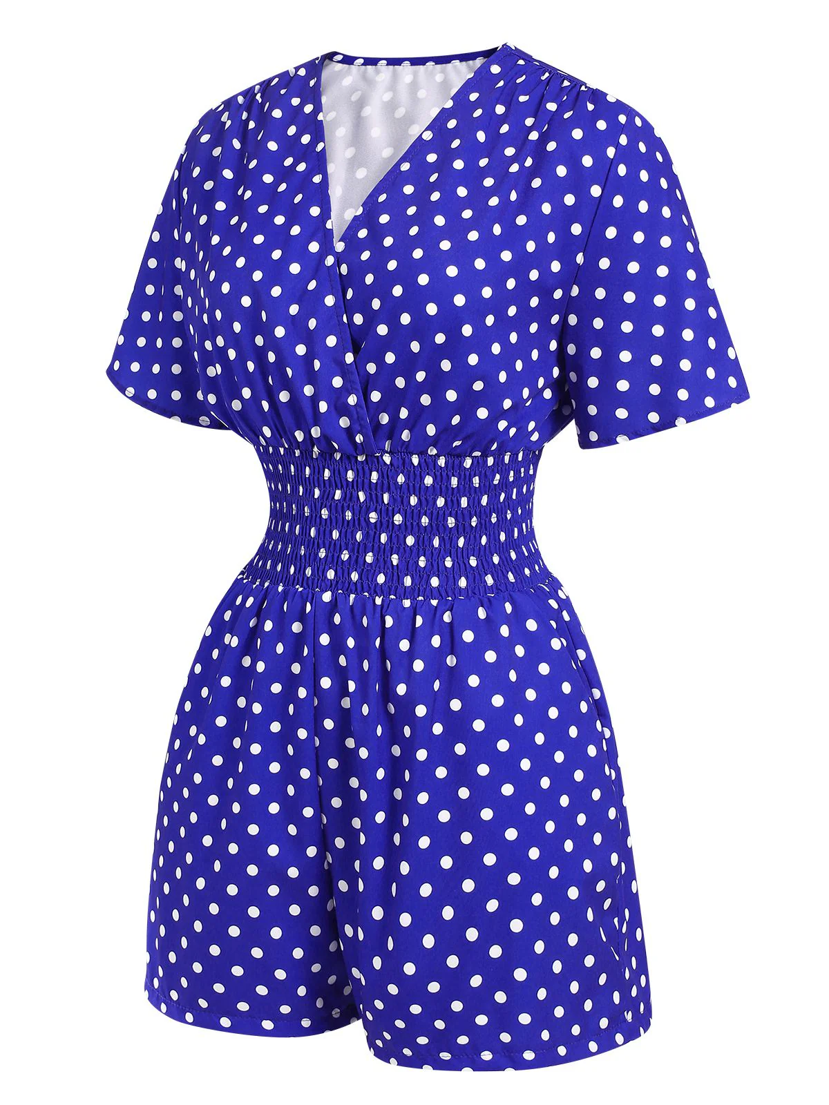 Blue 1940s V-Neck Polka Dots Romper - Image 2