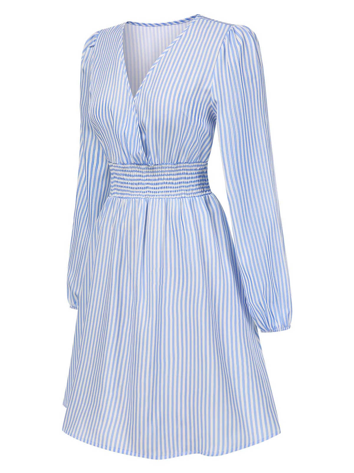 Blue 1940s V-Neck Stripes Long Sleeve Dress - Image 2