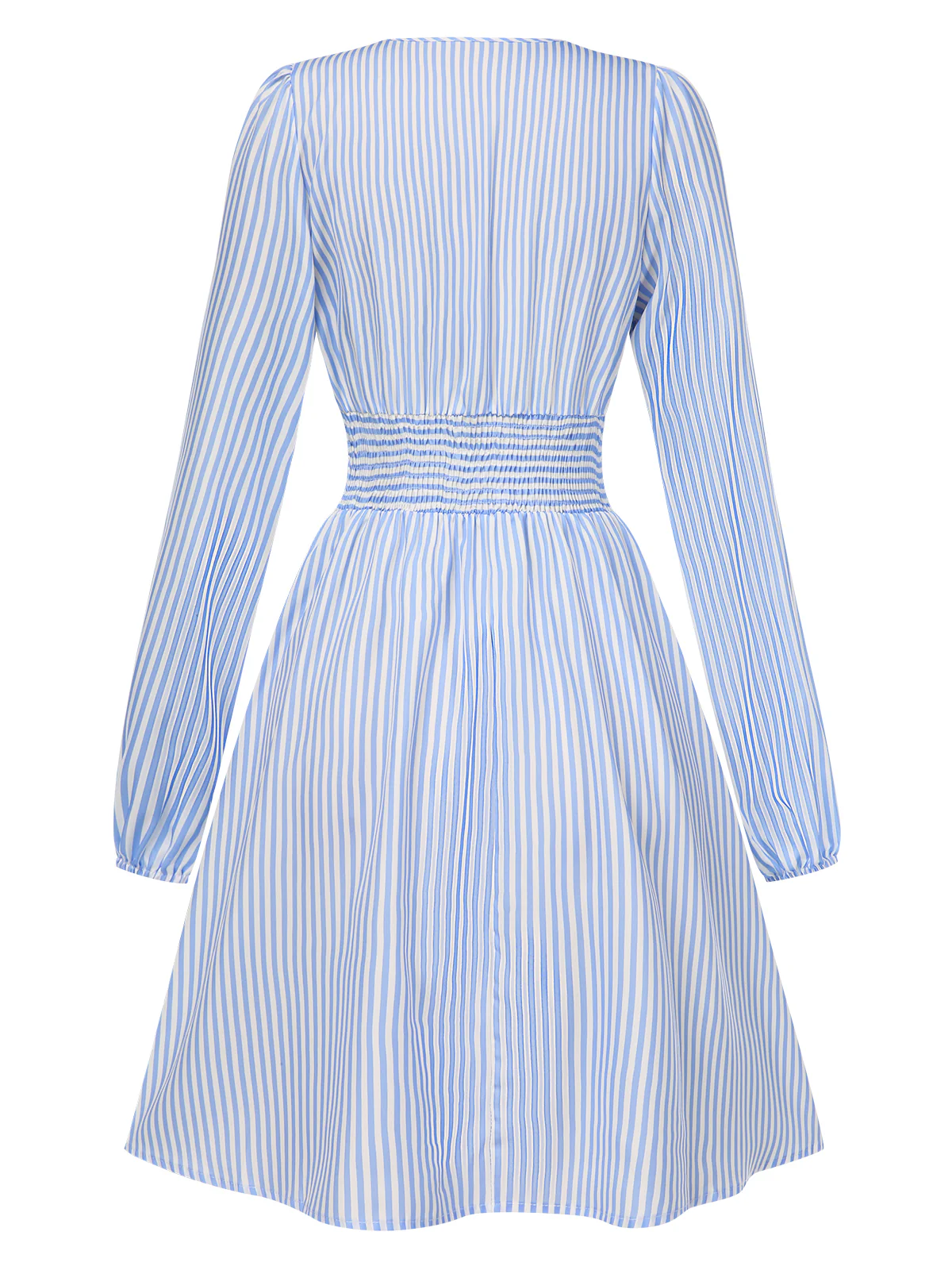 Blue 1940s V-Neck Stripes Long Sleeve Dress - Image 3