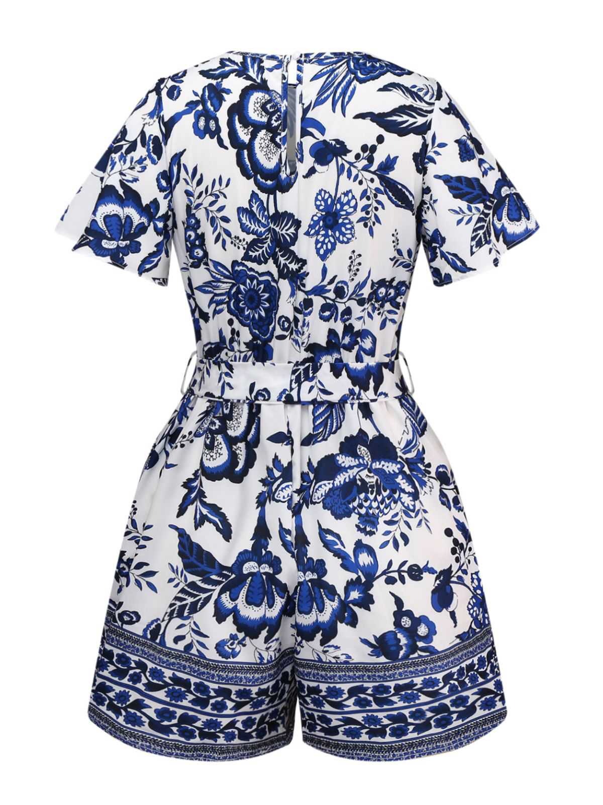 Blue 1950s Blue-White-Porcelain Floral Belted Romper - Image 2