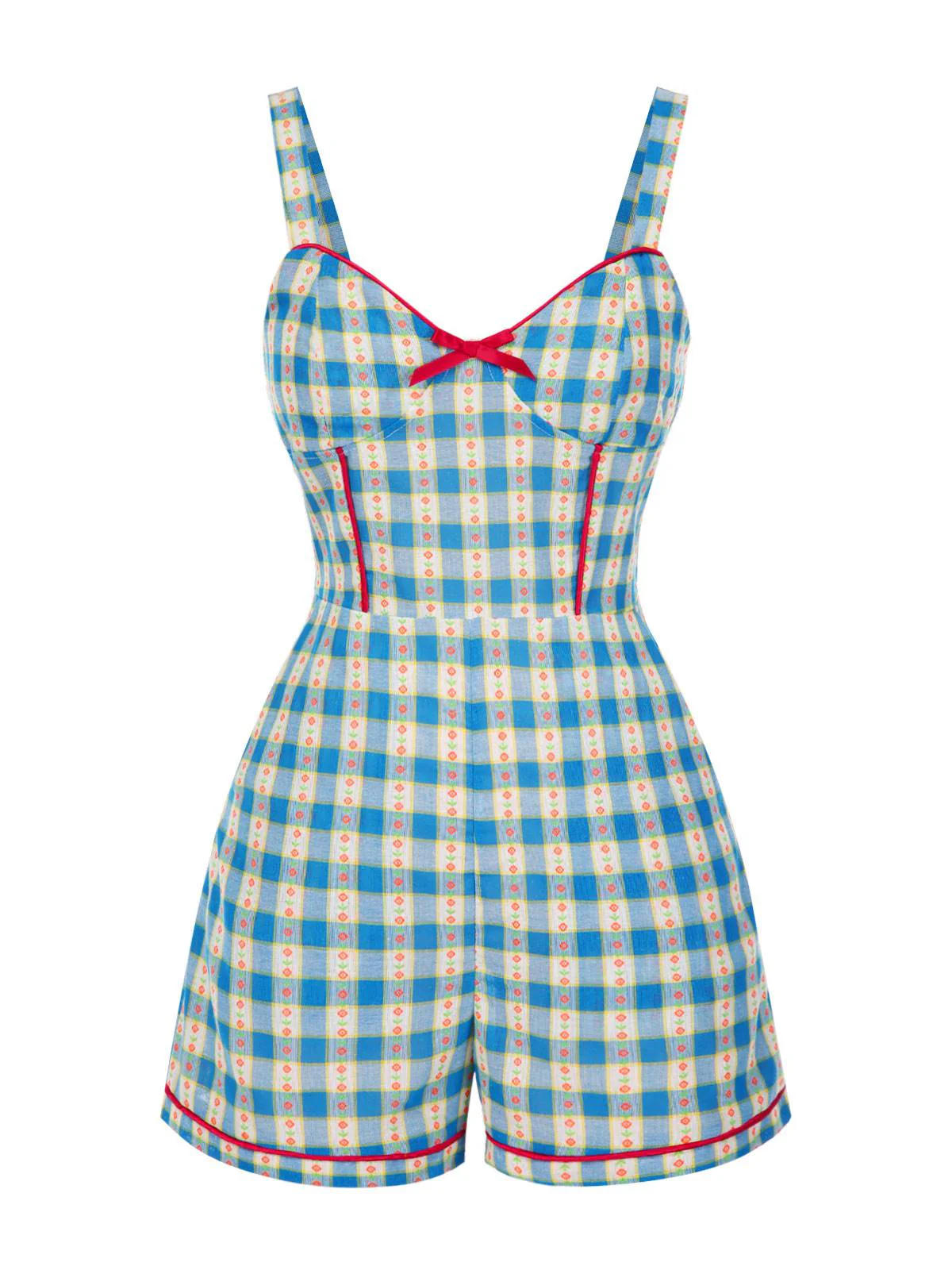 Blue 1950s Bow Gingham Plaid Floral Romper - Image 2