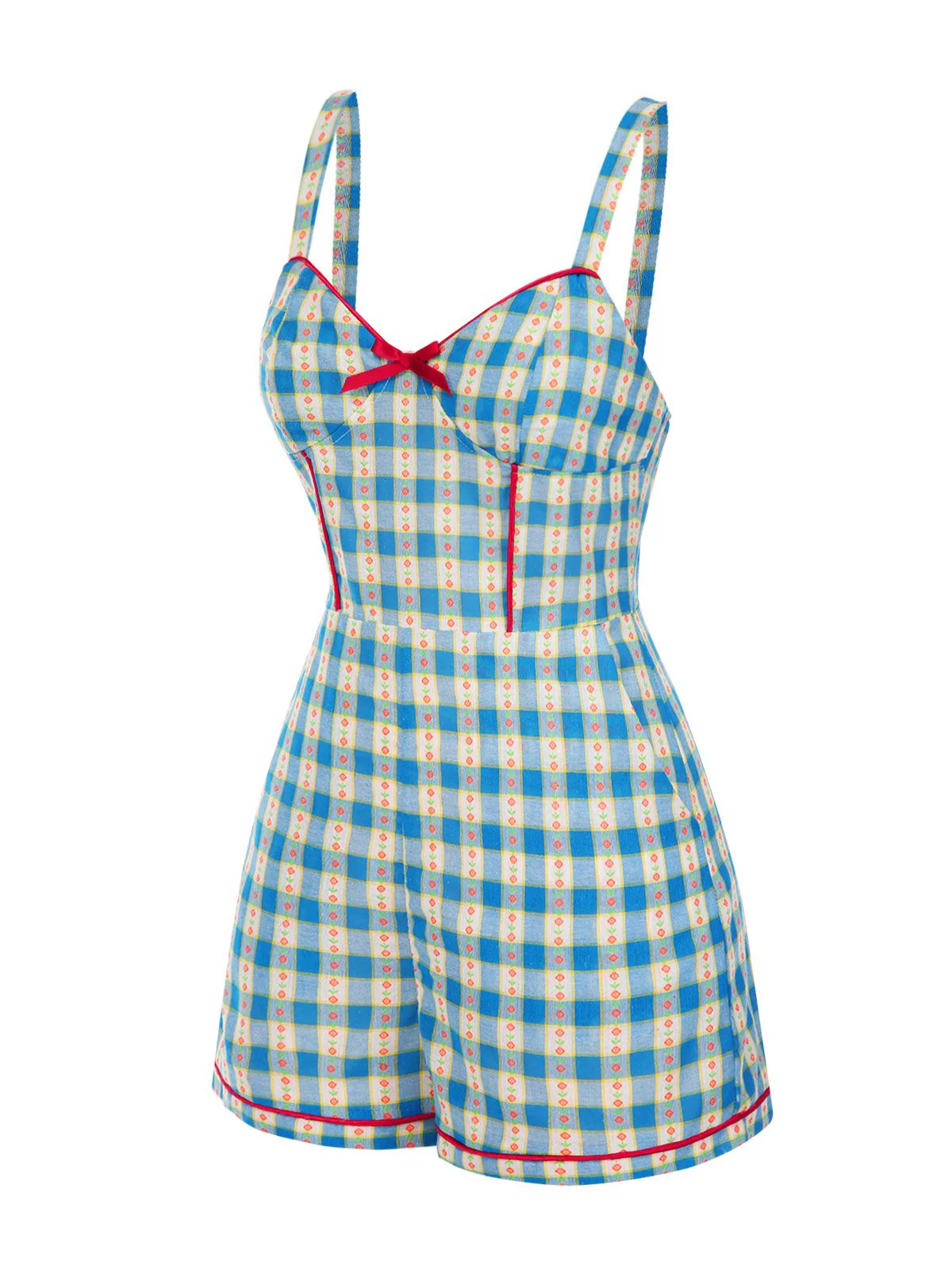Blue 1950s Bow Gingham Plaid Floral Romper - Image 3