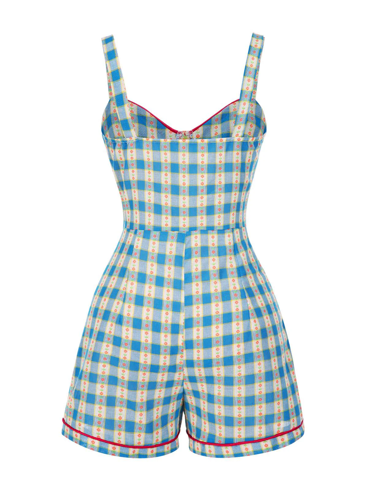 Blue 1950s Bow Gingham Plaid Floral Romper - Image 4
