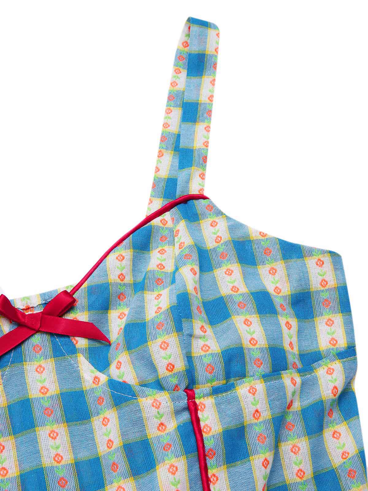 Blue 1950s Bow Gingham Plaid Floral Romper - Image 5