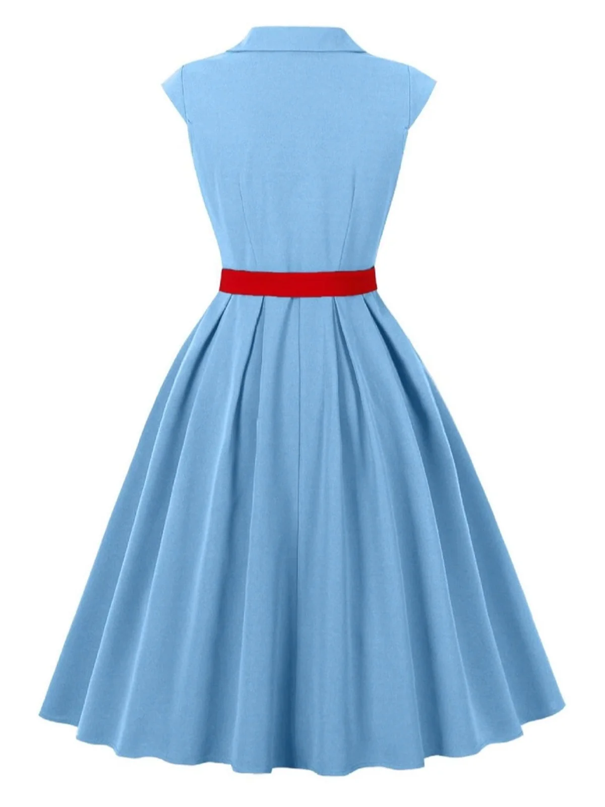 Blue 1950s Button Cap Sleeve Lapel Belted Dress - Image 2