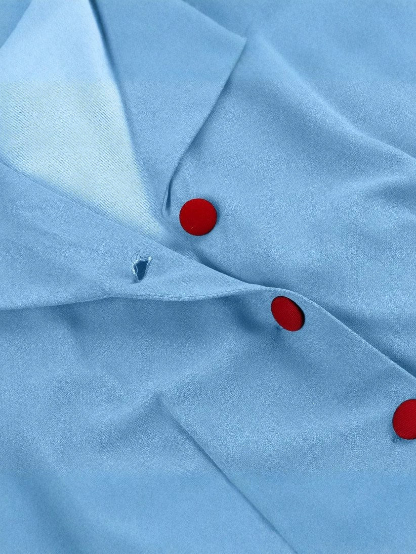 Blue 1950s Button Cap Sleeve Lapel Belted Dress - Image 3