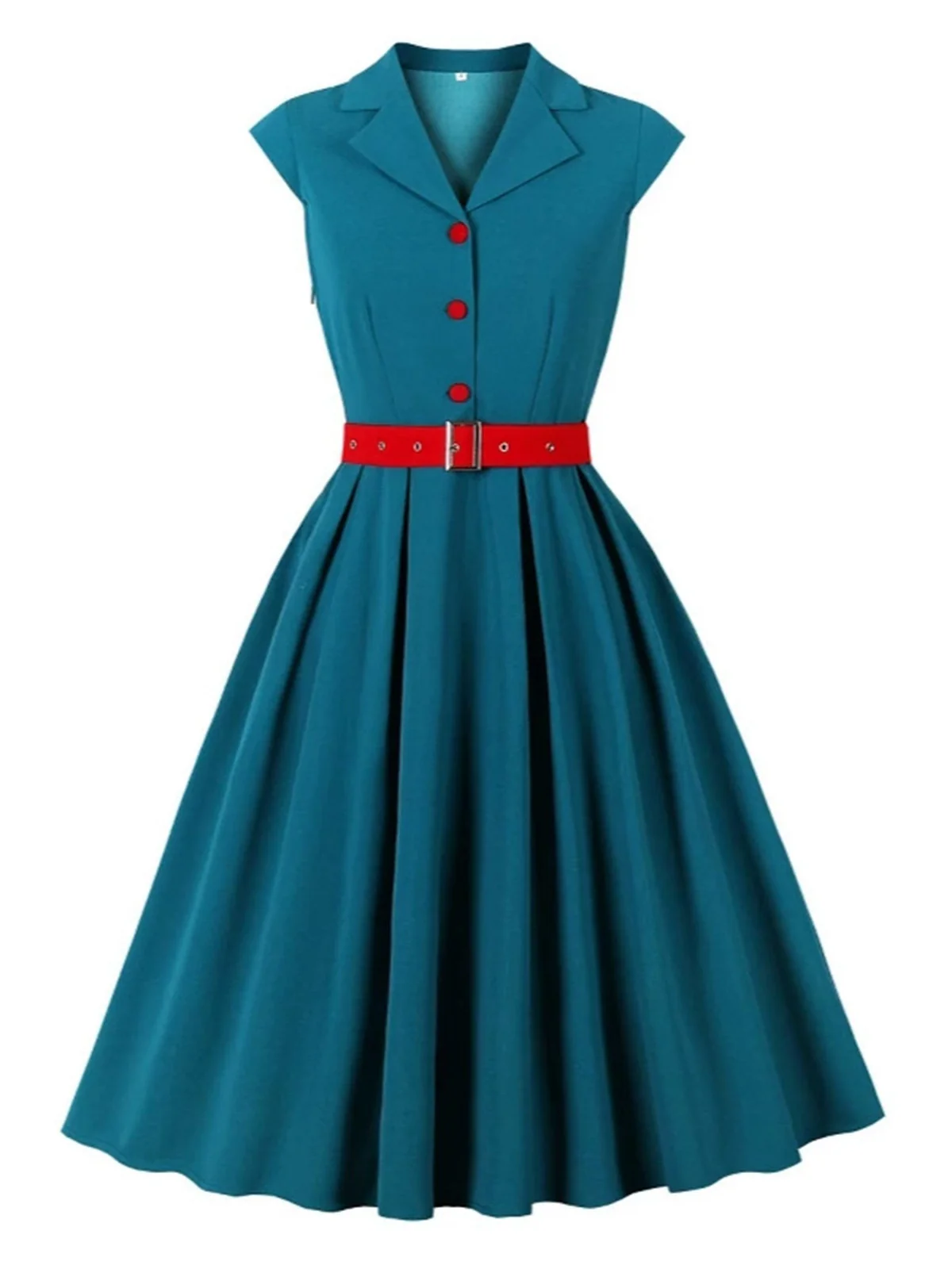 Blue 1950s Button Cap Sleeve Lapel Belted Dress - Image 4