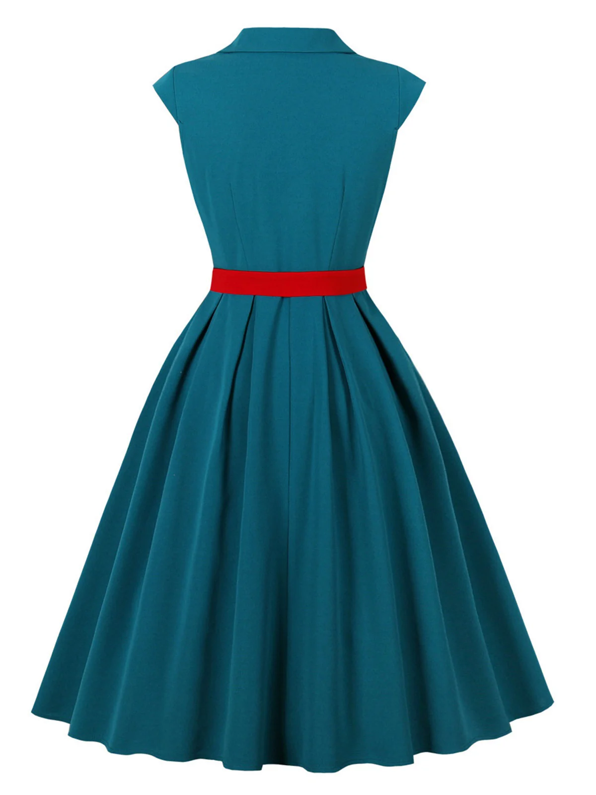 Blue 1950s Button Cap Sleeve Lapel Belted Dress - Image 5