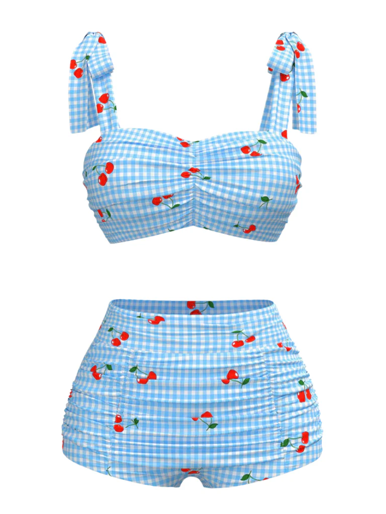 Blue 1950s Cherry Plaid Lace-up Swimsuit