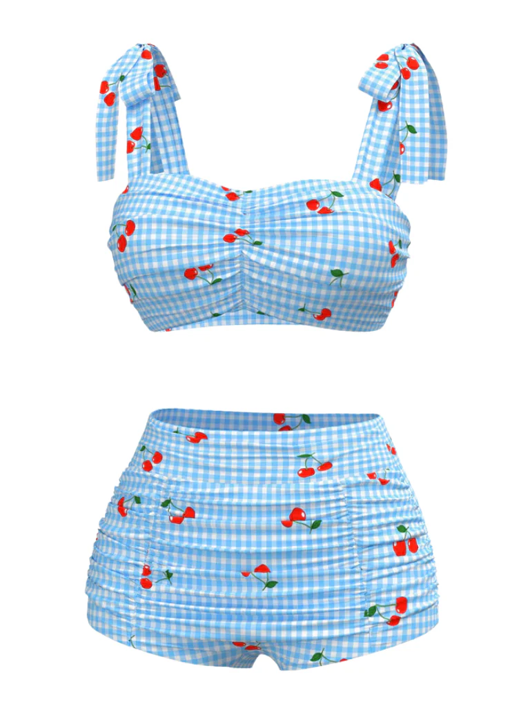 Blue 1950s Cherry Plaid Lace-up Swimsuit - Image 2
