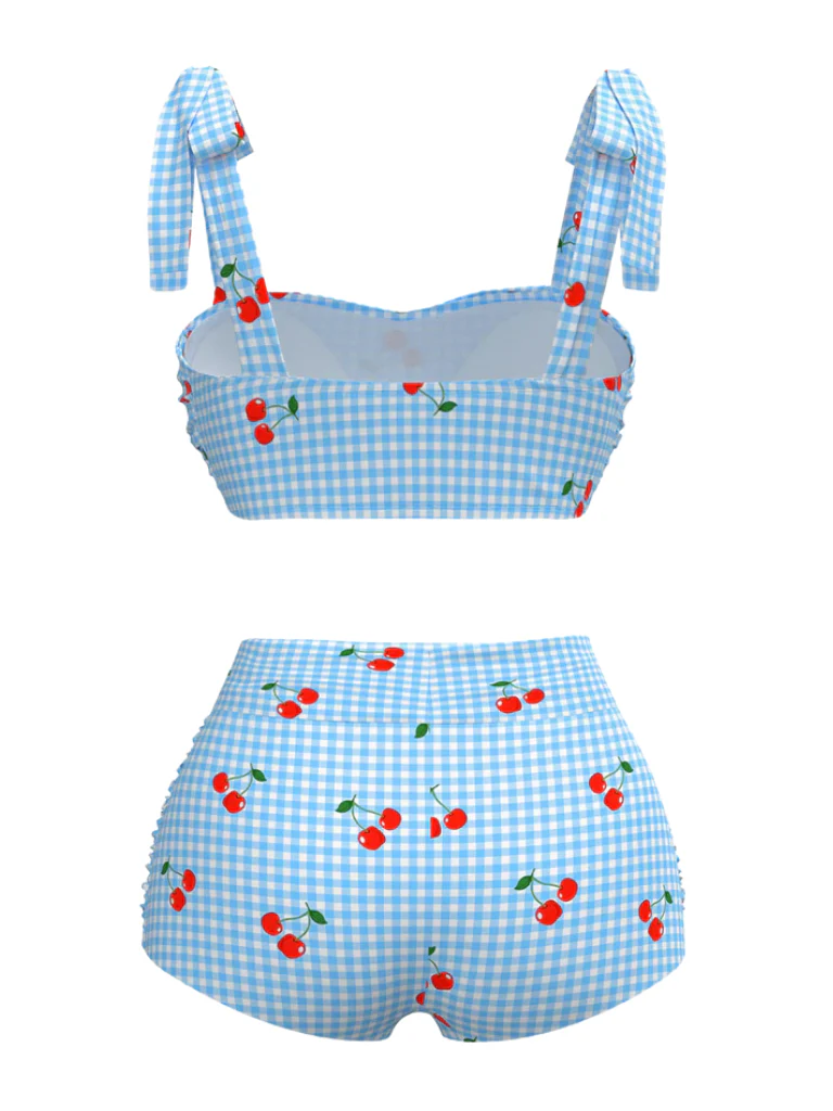 Blue 1950s Cherry Plaid Lace-up Swimsuit - Image 3
