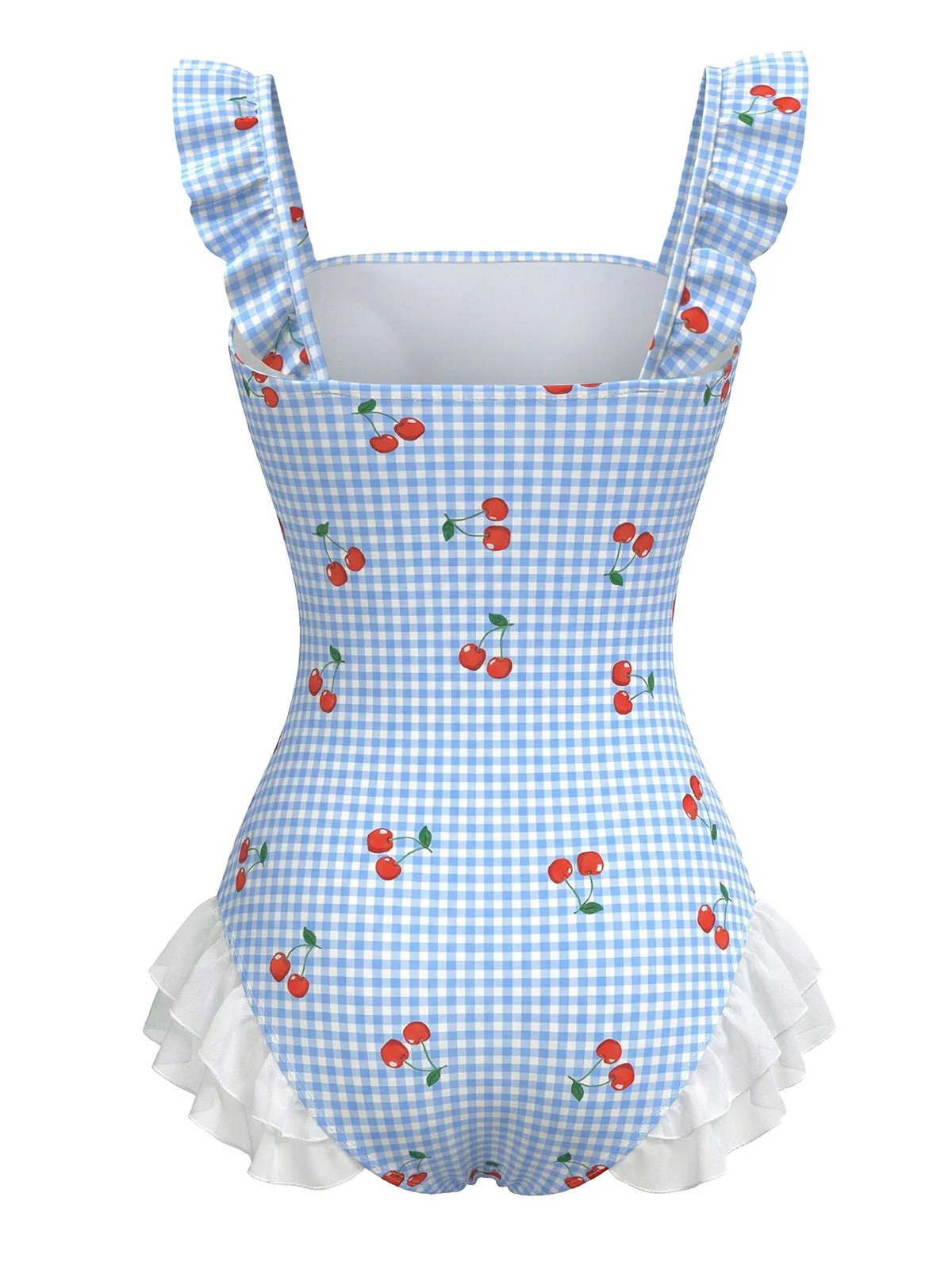 Blue 1950s Cherry Plaid Ruffled Mesh One-Piece Swimsuit - Image 3