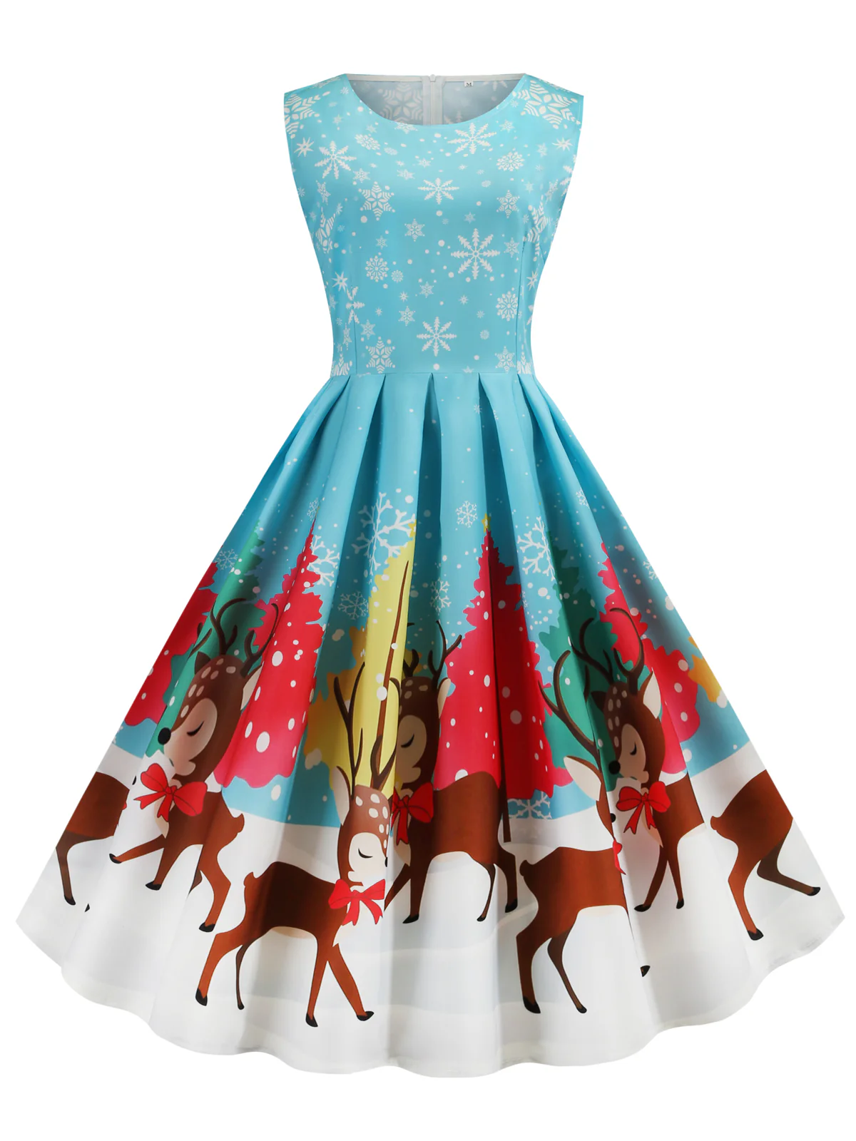 Blue 1950s Christmas Deer Swing Dress - Image 2