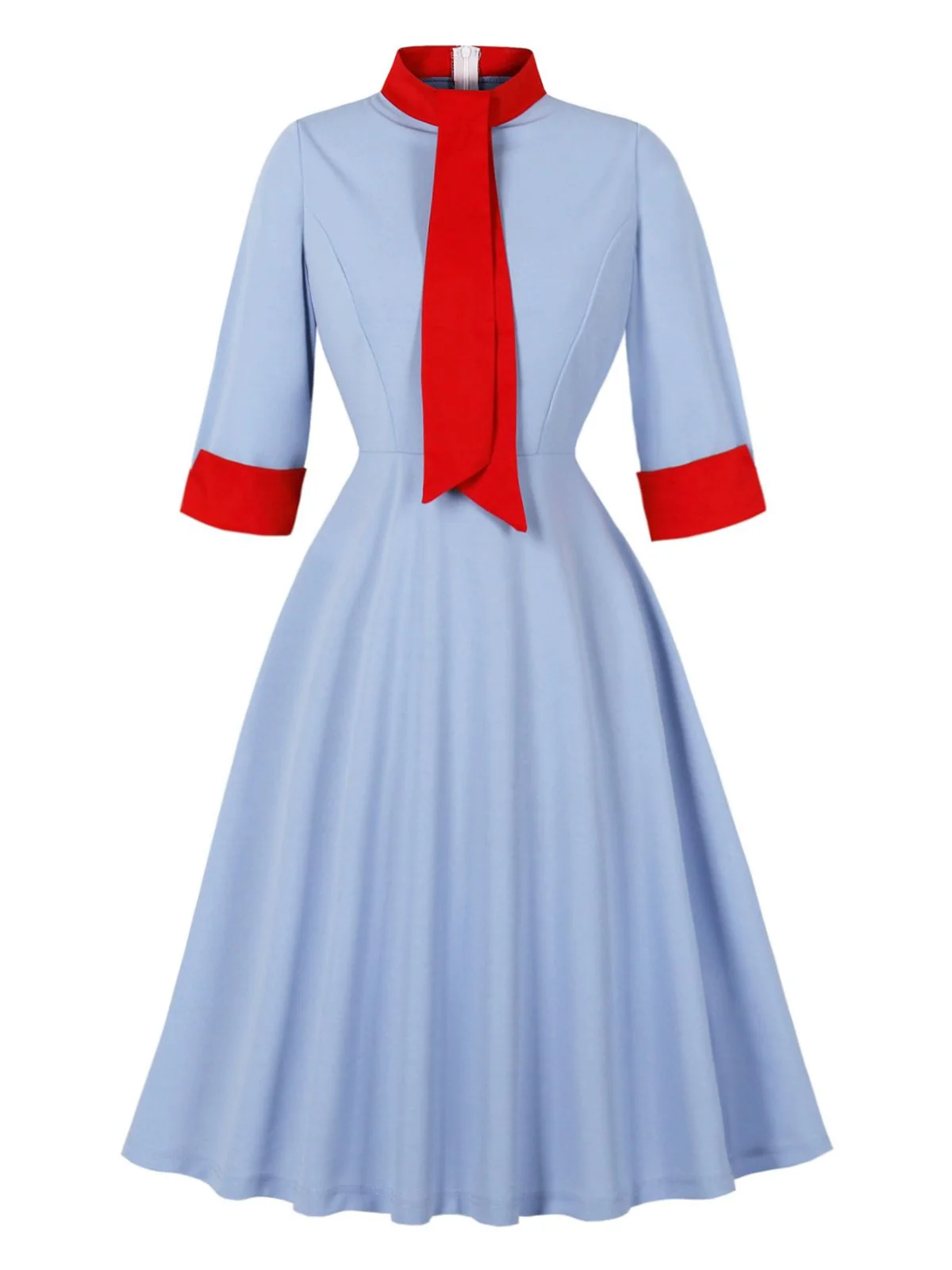 Blue 1950s Contrast Tie-Neck High Collar Dress - Image 2