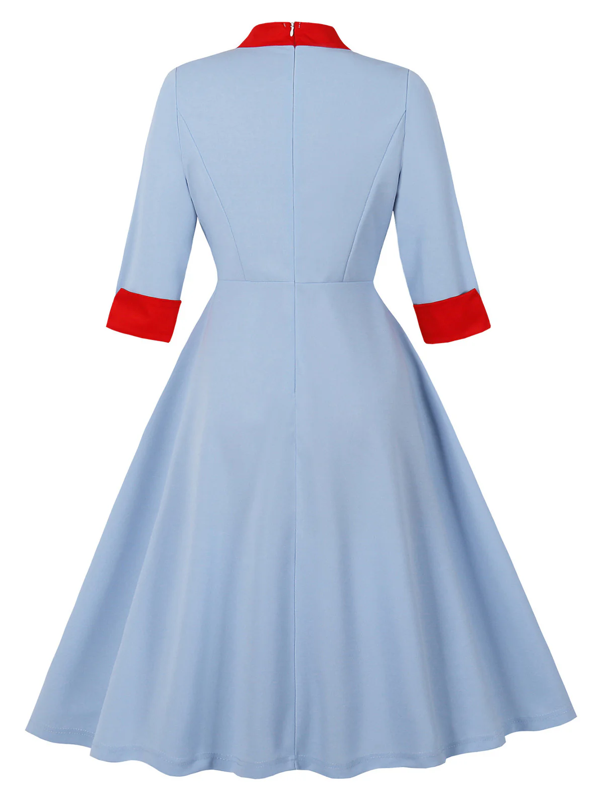 Blue 1950s Contrast Tie-Neck High Collar Dress - Image 3