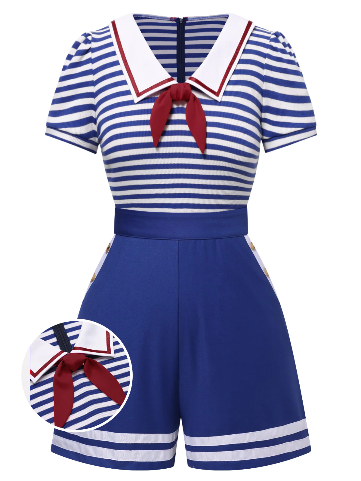 Blue 1950s Cotton Cravat Nautical Stripe Romper - Image 2
