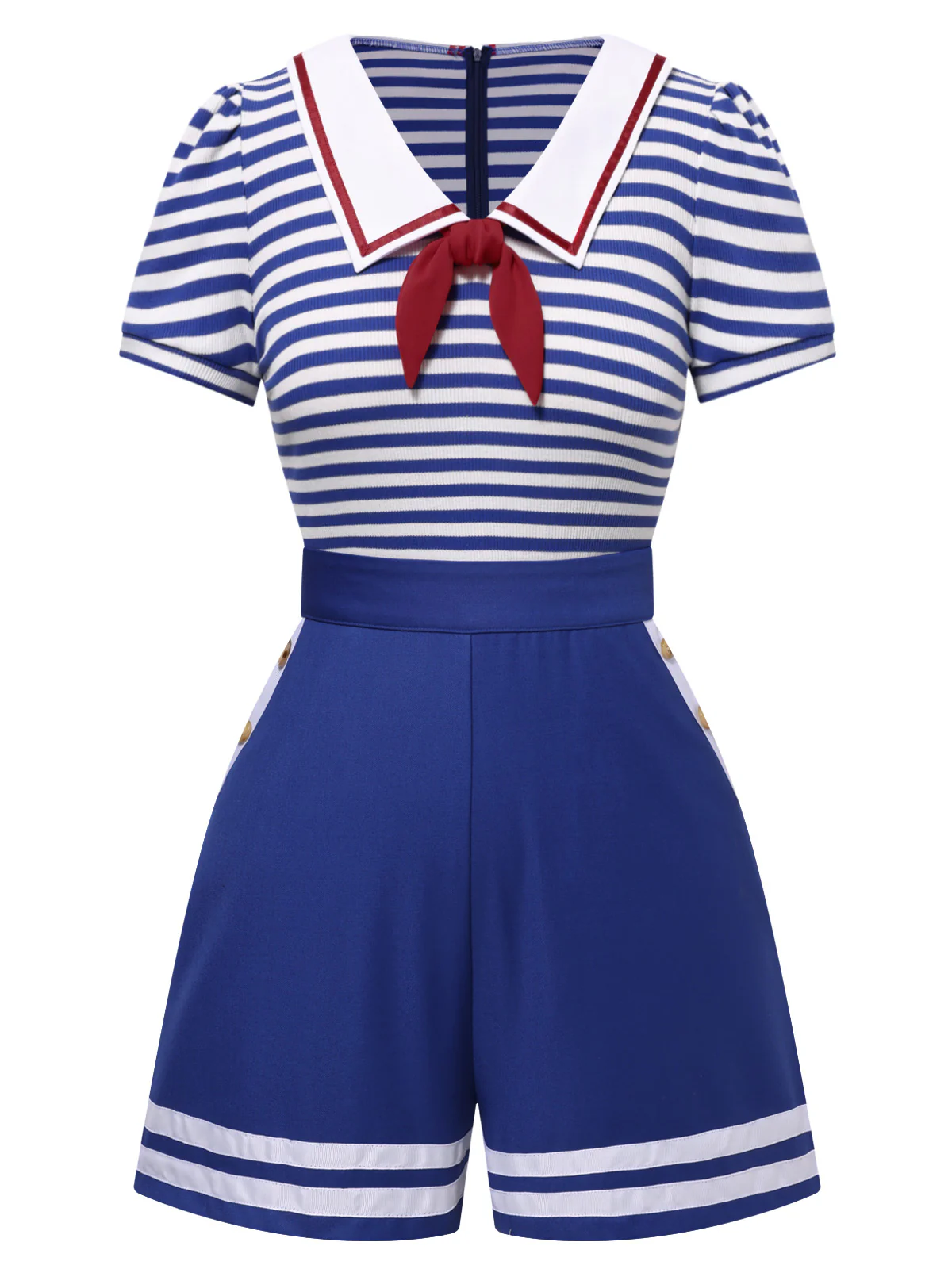 Blue 1950s Cotton Cravat Nautical Stripe Romper - Image 3