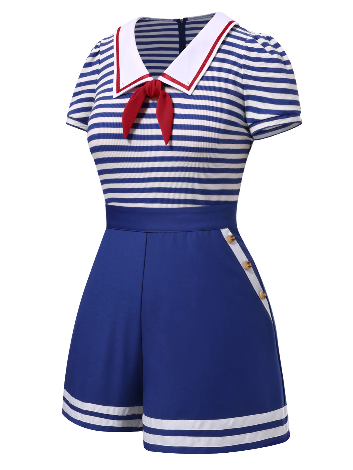 Blue 1950s Cotton Cravat Nautical Stripe Romper - Image 4