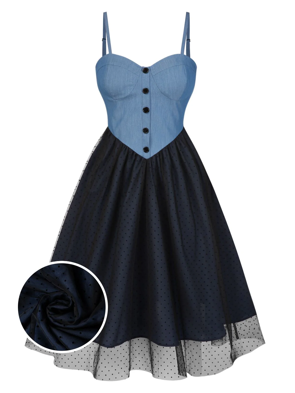 Blue 1950s Denim Polka Dot Mesh Patchwork Dress - Image 2