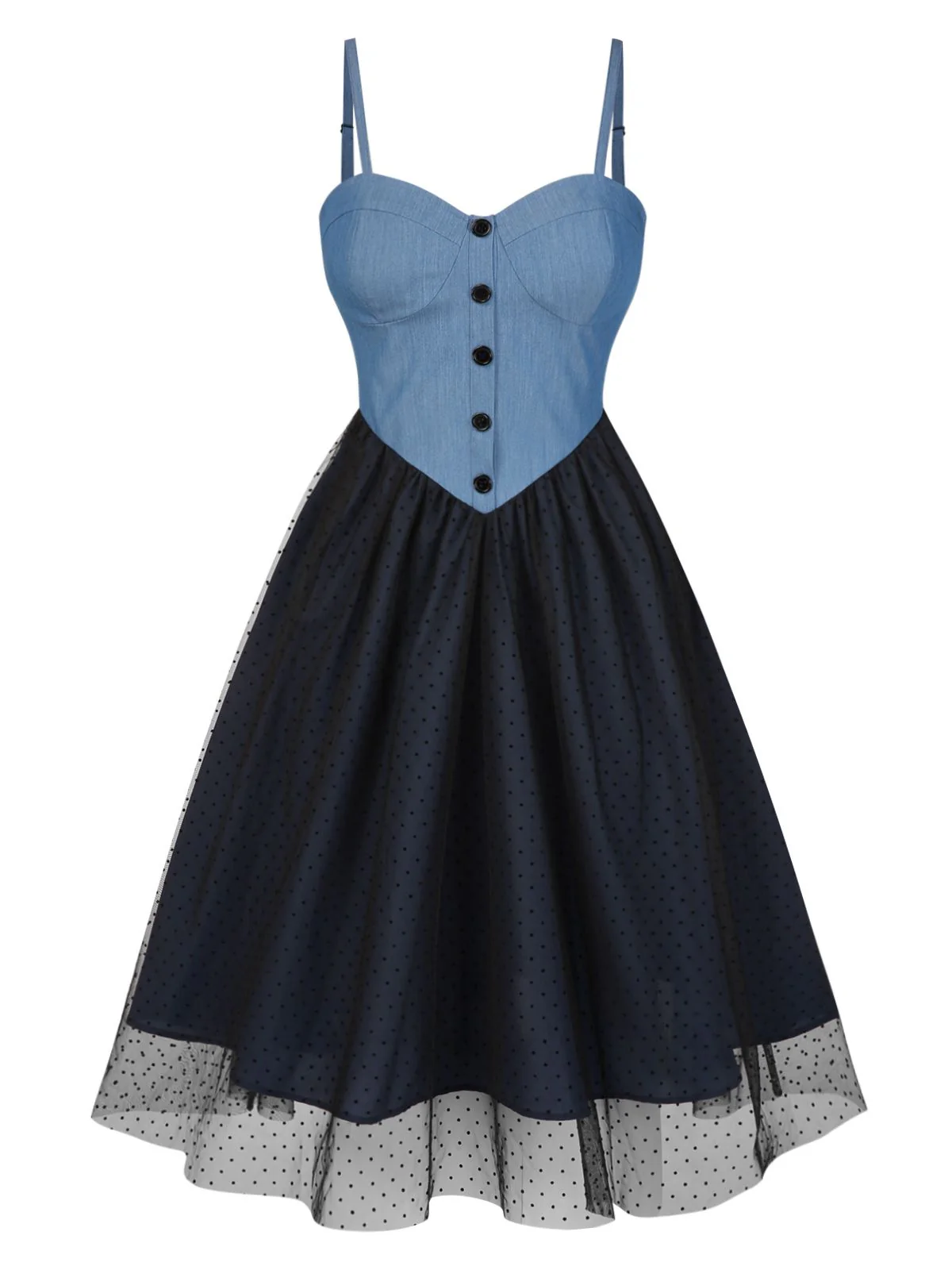Blue 1950s Denim Polka Dot Mesh Patchwork Dress - Image 3