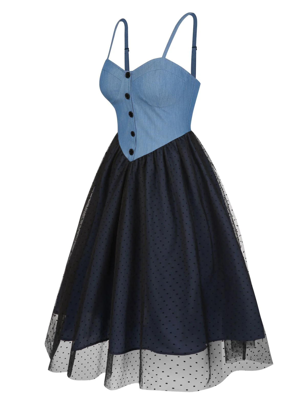 Blue 1950s Denim Polka Dot Mesh Patchwork Dress - Image 4