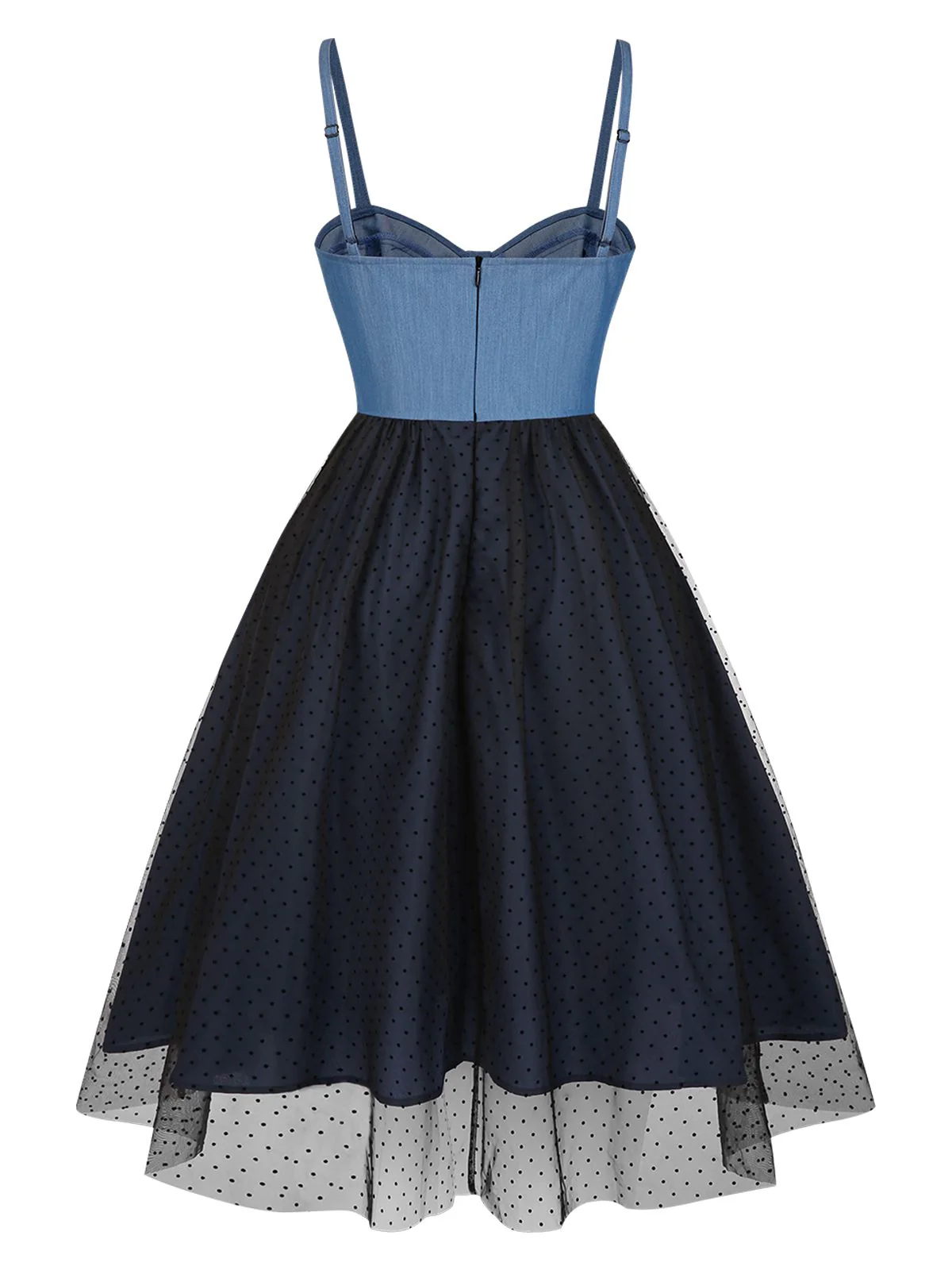 Blue 1950s Denim Polka Dot Mesh Patchwork Dress - Image 5