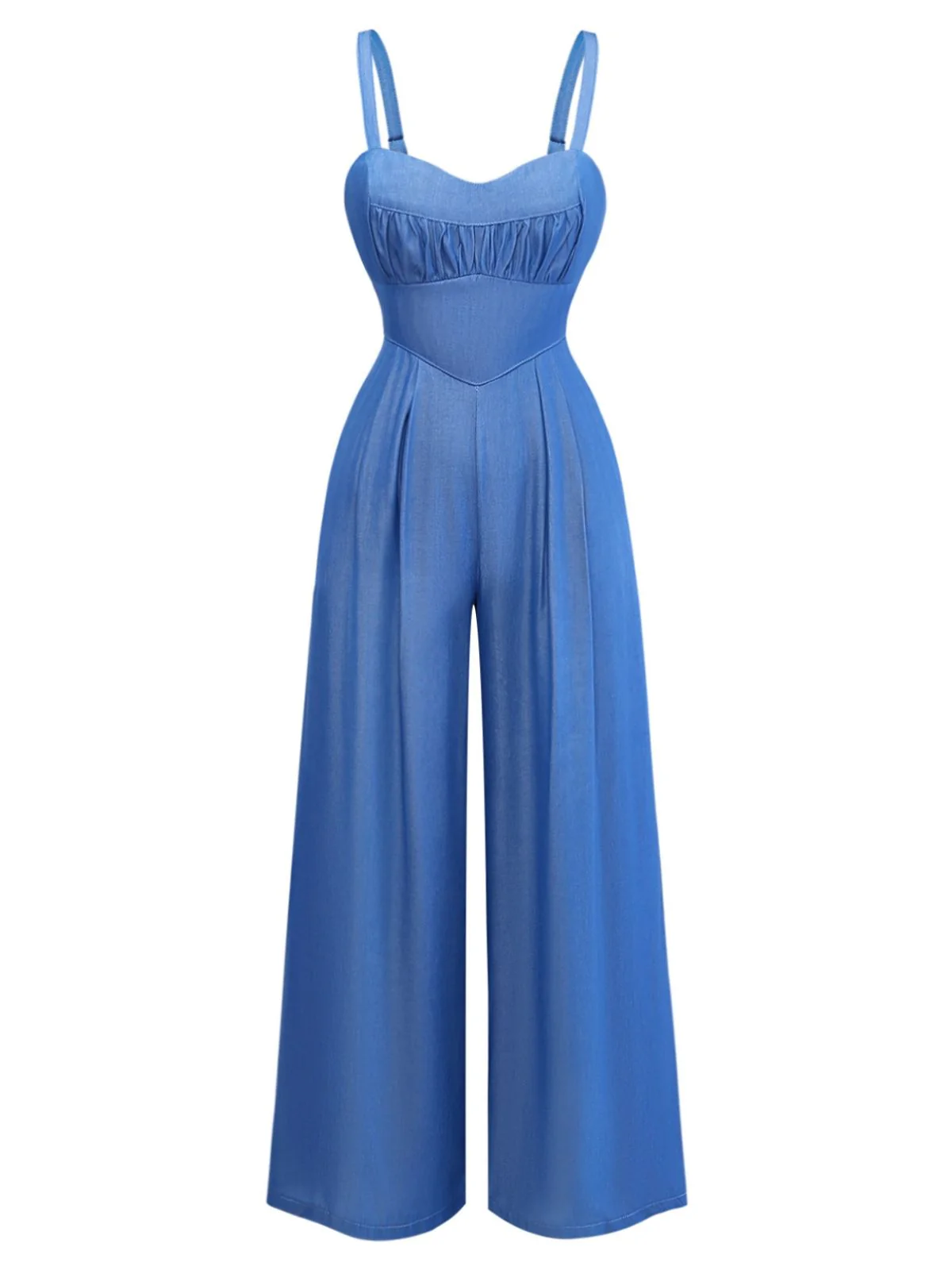 Blue 1950s Denim Spaghetti Strap Ruched Jumpsuit - Image 2